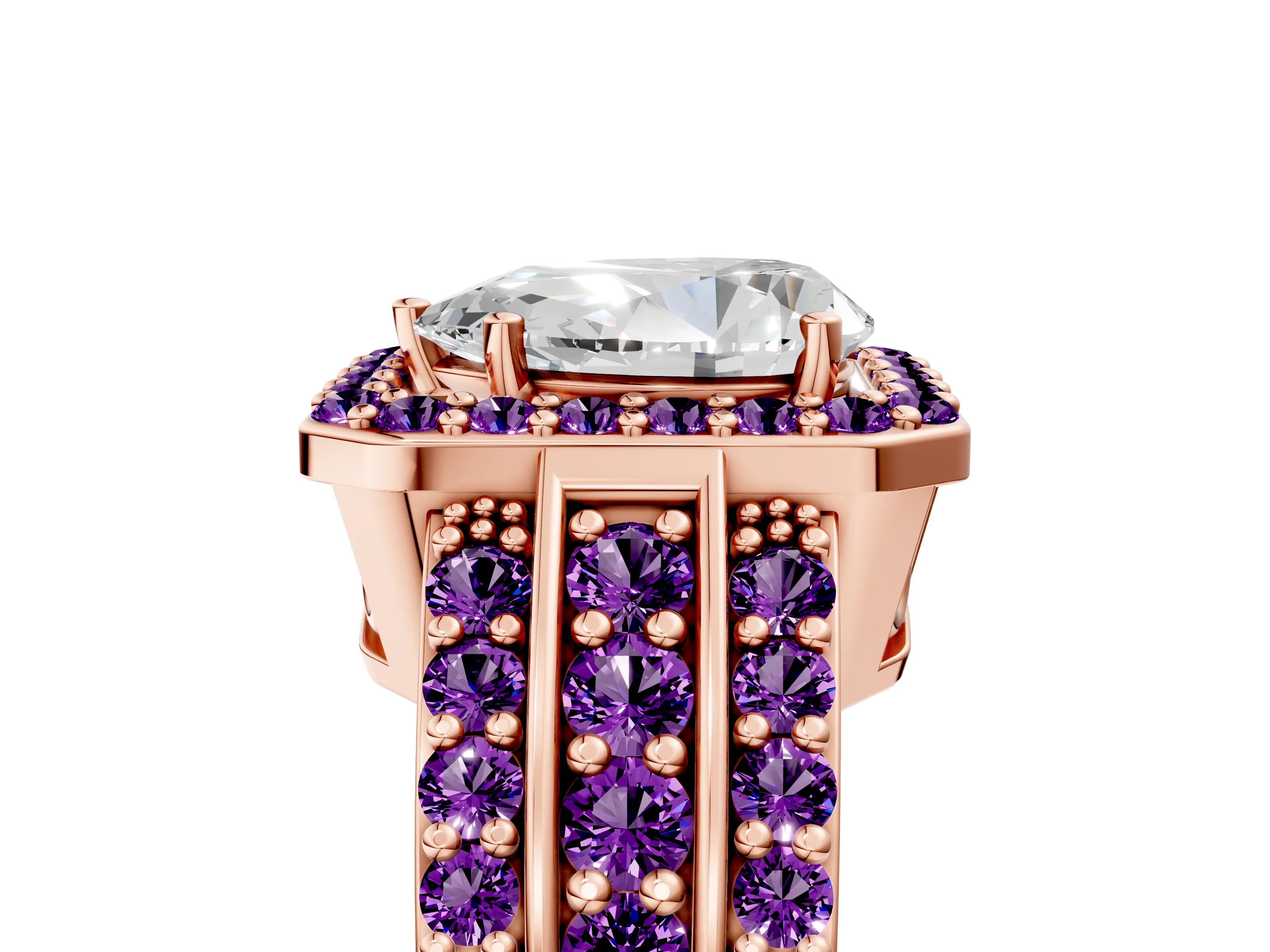 Rose gold Pear Cut Halo Diamond Ring with Round with Amethyst side stone Split Shank and Prong Setting_5