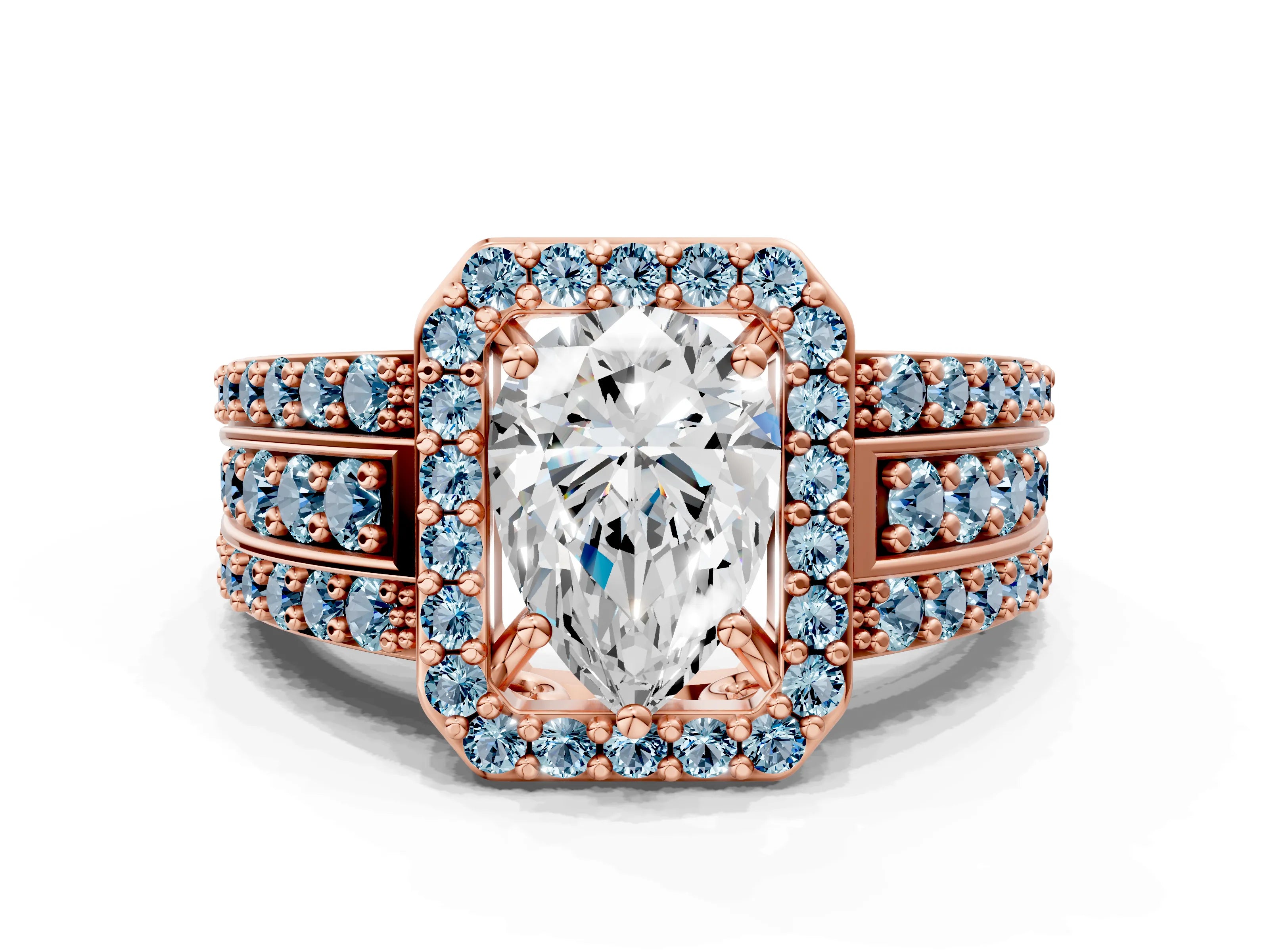 Rose gold Pear Cut Halo Diamond Ring with Round with Aquamarine side stone Split Shank and Prong Setting