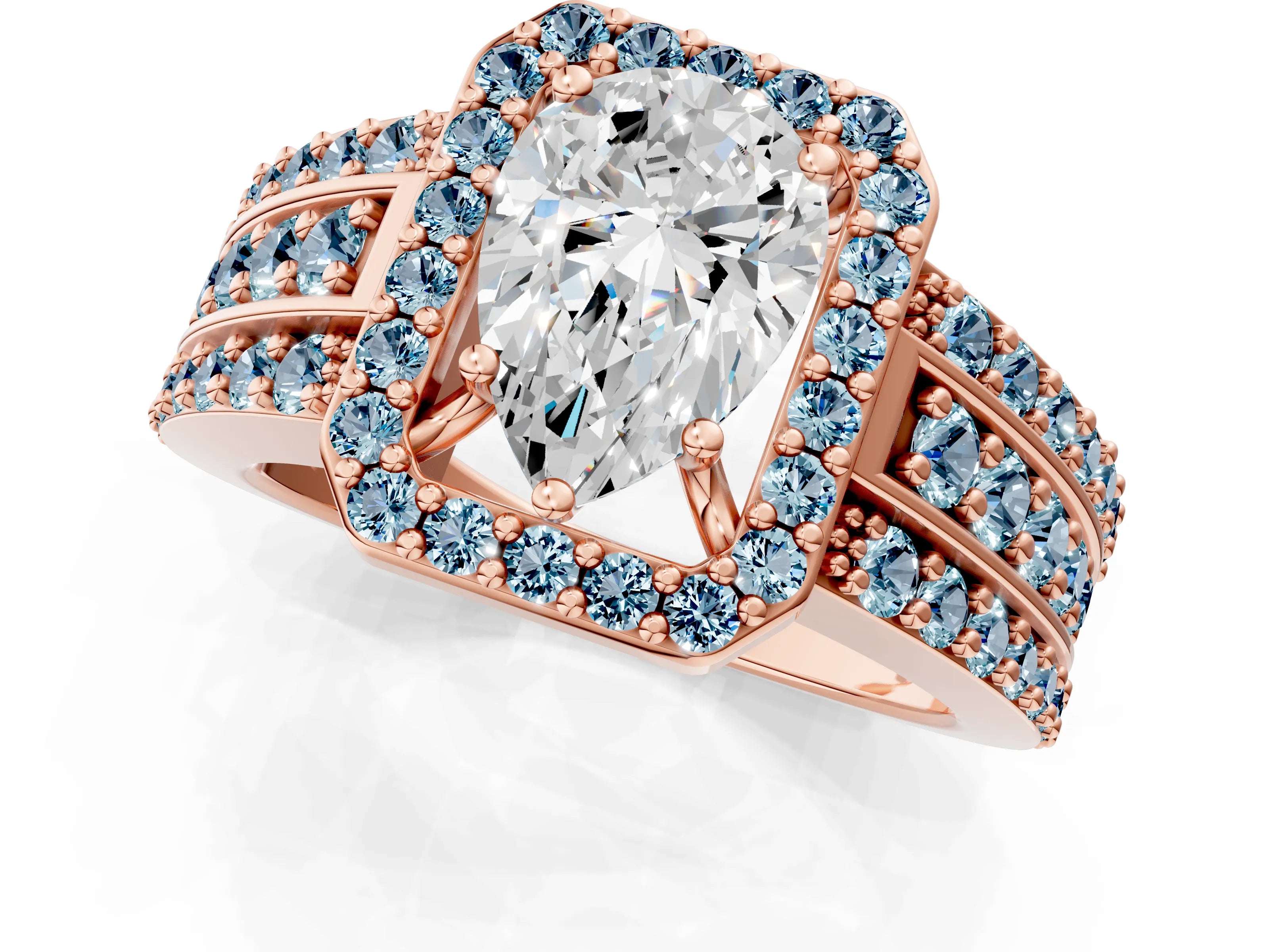Rose gold Pear Cut Halo Diamond Ring with Round with Aquamarine side stone Split Shank and Prong Setting_1