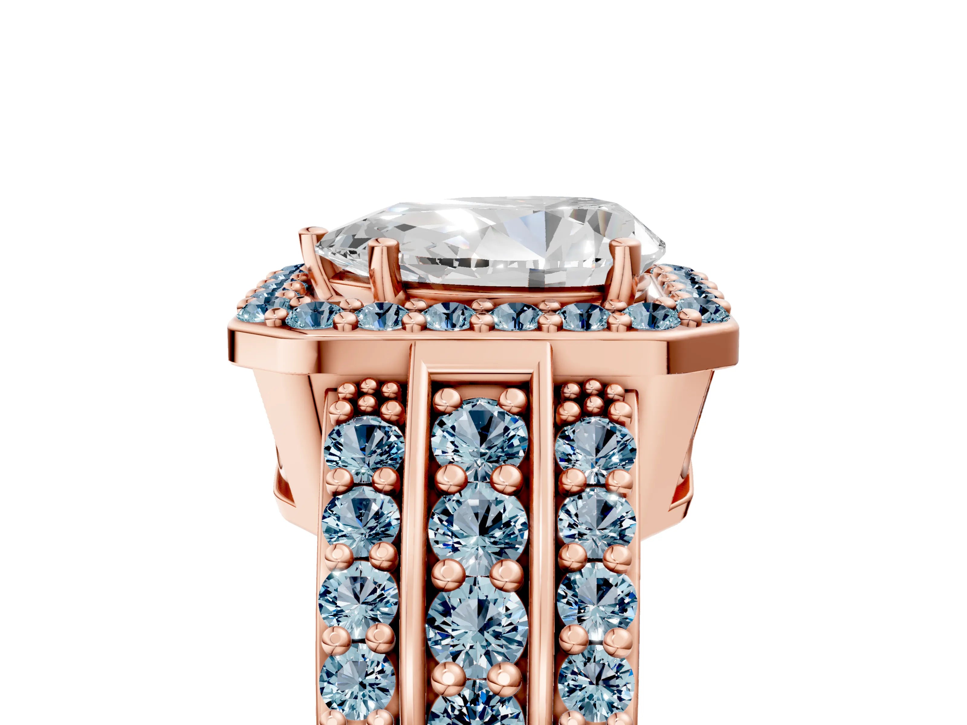 Rose gold Pear Cut Halo Diamond Ring with Round with Aquamarine side stone Split Shank and Prong Setting_5
