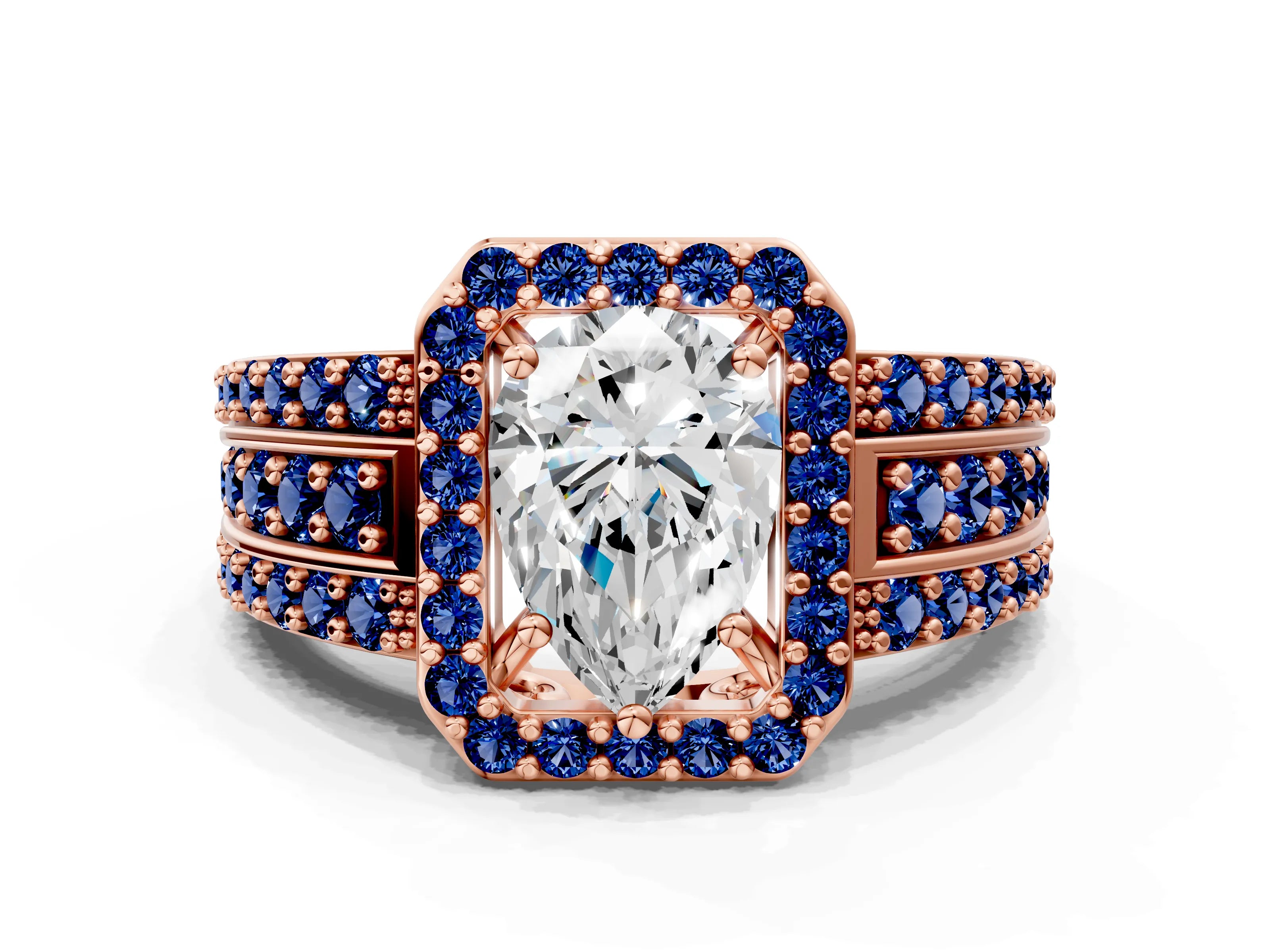 Rose gold Pear Cut Halo Diamond Ring with Round with Blue Sapphire side stone Split Shank and Prong Setting