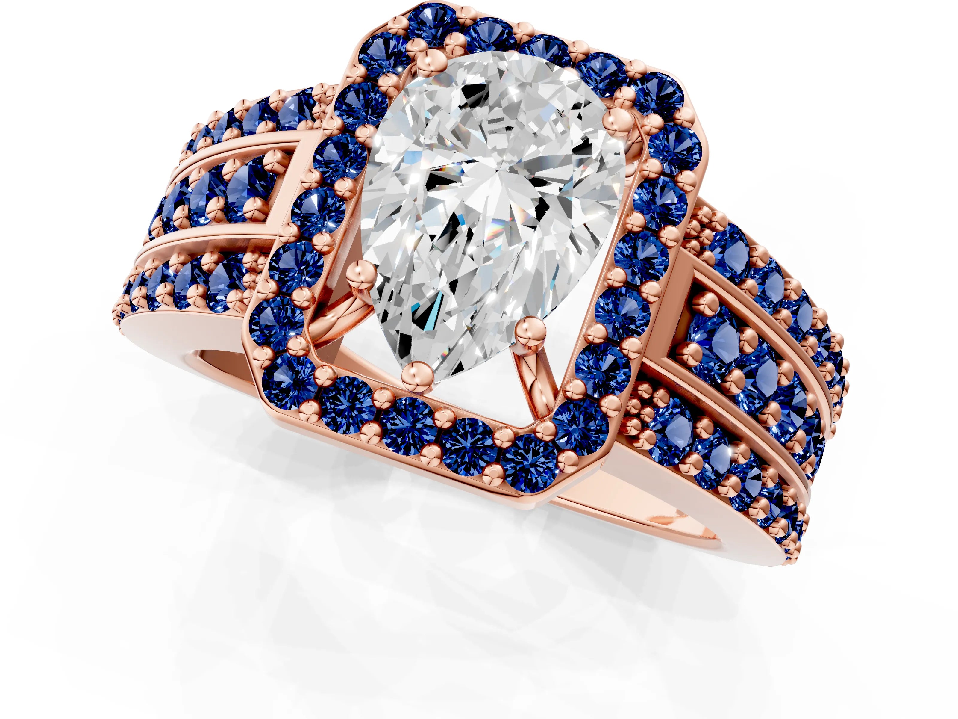 Rose gold Pear Cut Halo Diamond Ring with Round with Blue Sapphire side stone Split Shank and Prong Setting_1