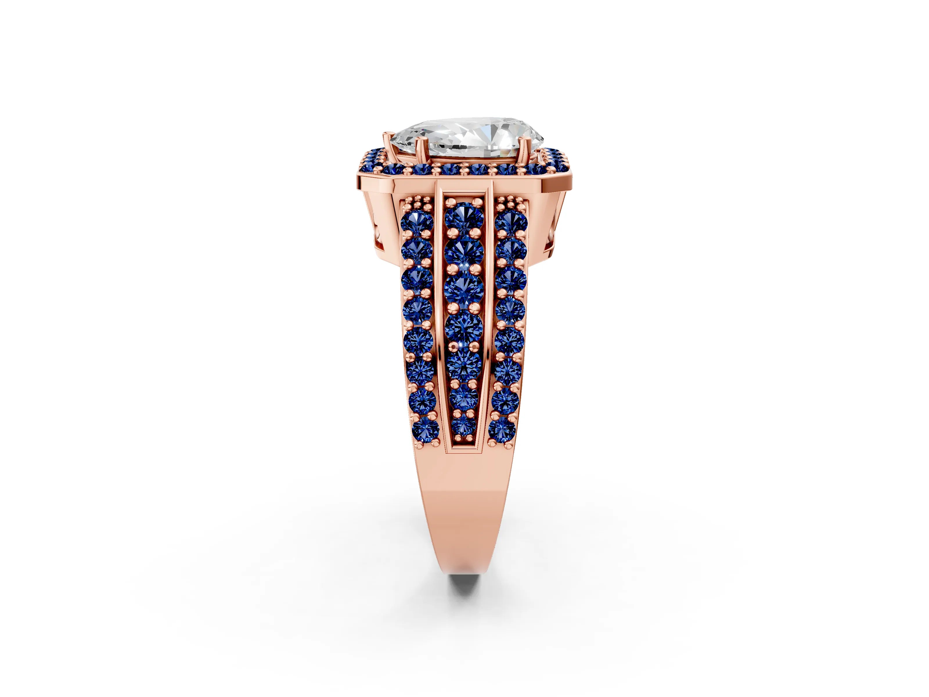 Rose gold Pear Cut Halo Diamond Ring with Round with Blue Sapphire side stone Split Shank and Prong Setting_2