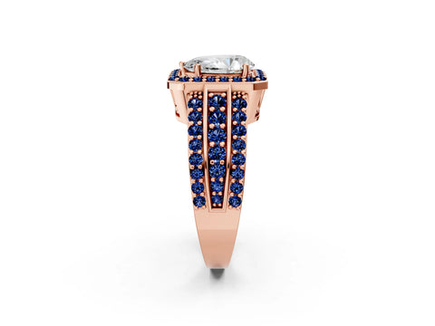 Rose gold Pear Cut Halo Diamond Ring with Round with Blue Sapphire side stone Split Shank and Prong Setting_2