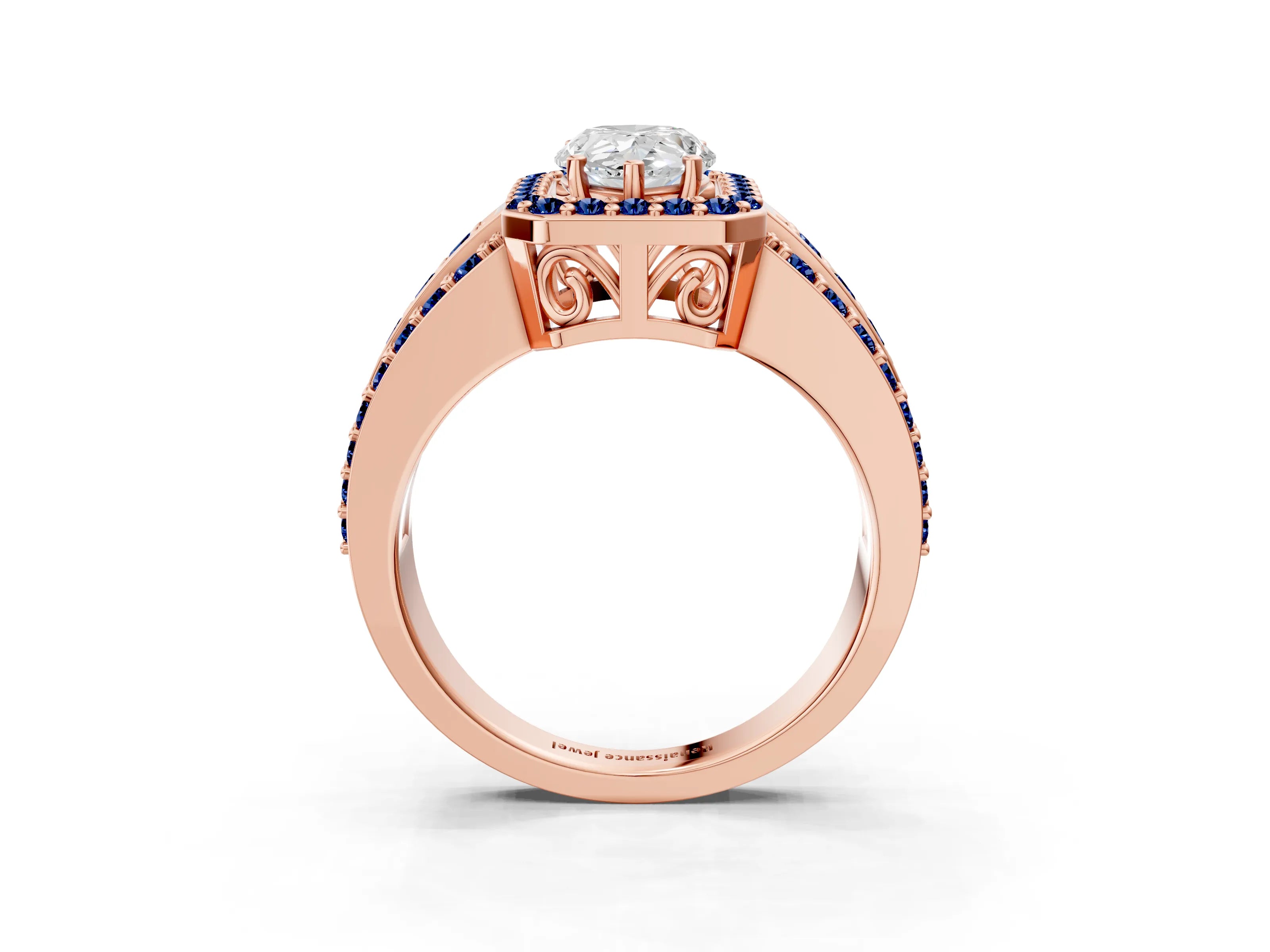 Rose gold Pear Cut Halo Diamond Ring with Round with Blue Sapphire side stone Split Shank and Prong Setting_3