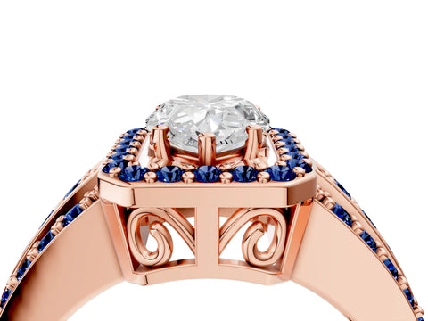 Rose gold Pear Cut Halo Diamond Ring with Round with Blue Sapphire side stone Split Shank and Prong Setting_4