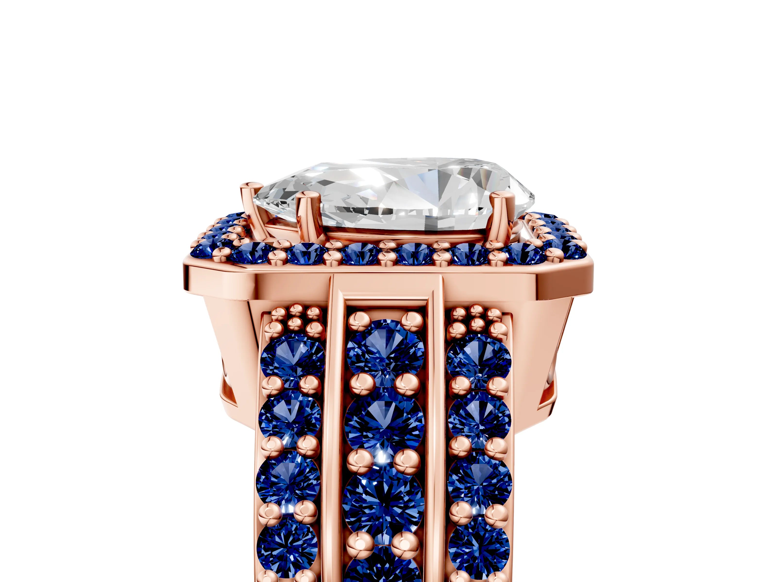 Rose gold Pear Cut Halo Diamond Ring with Round with Blue Sapphire side stone Split Shank and Prong Setting_5