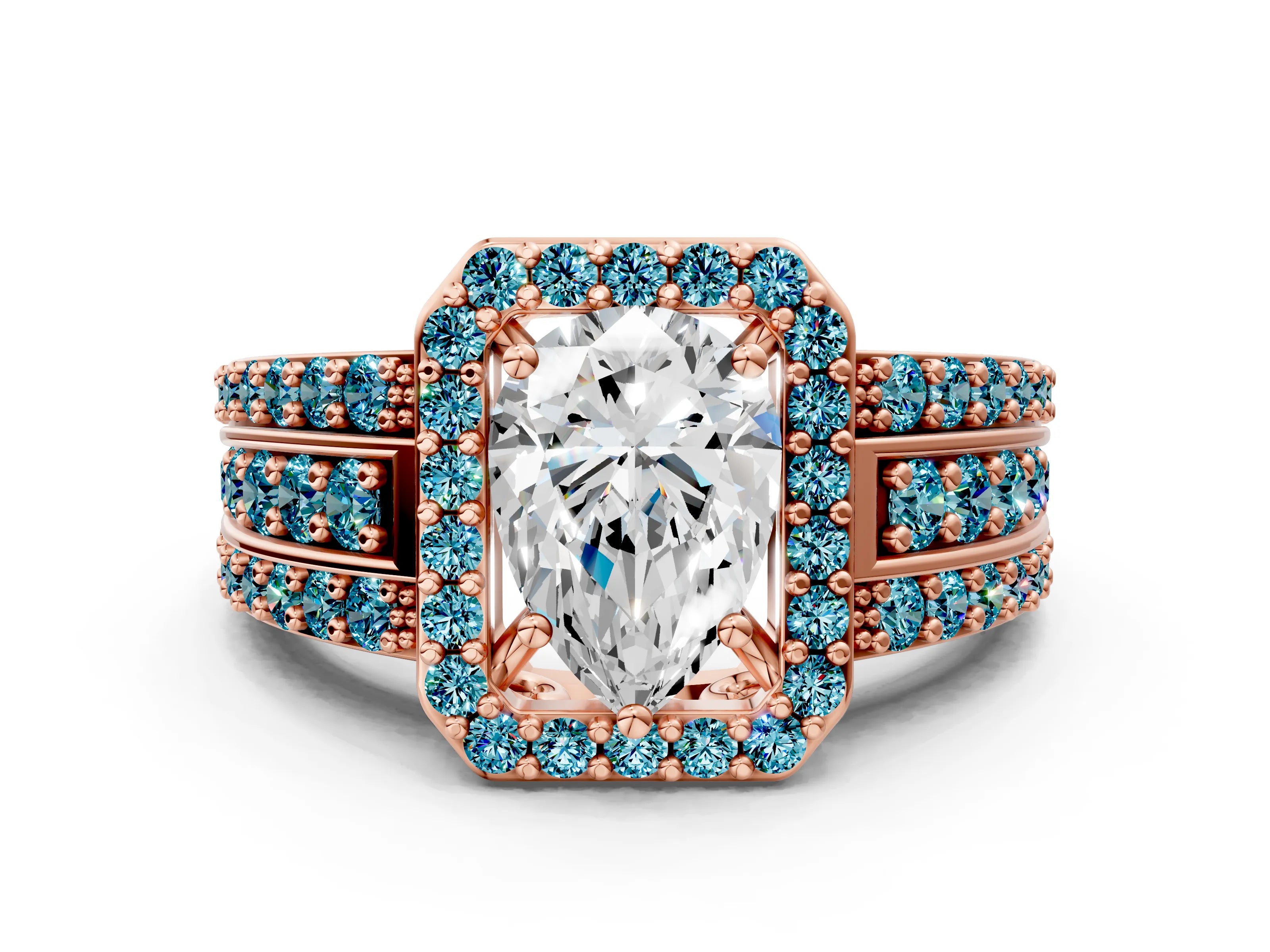Rose gold Pear Cut Halo Diamond Ring with Round with Blue Topaz side stone Split Shank and Prong Setting