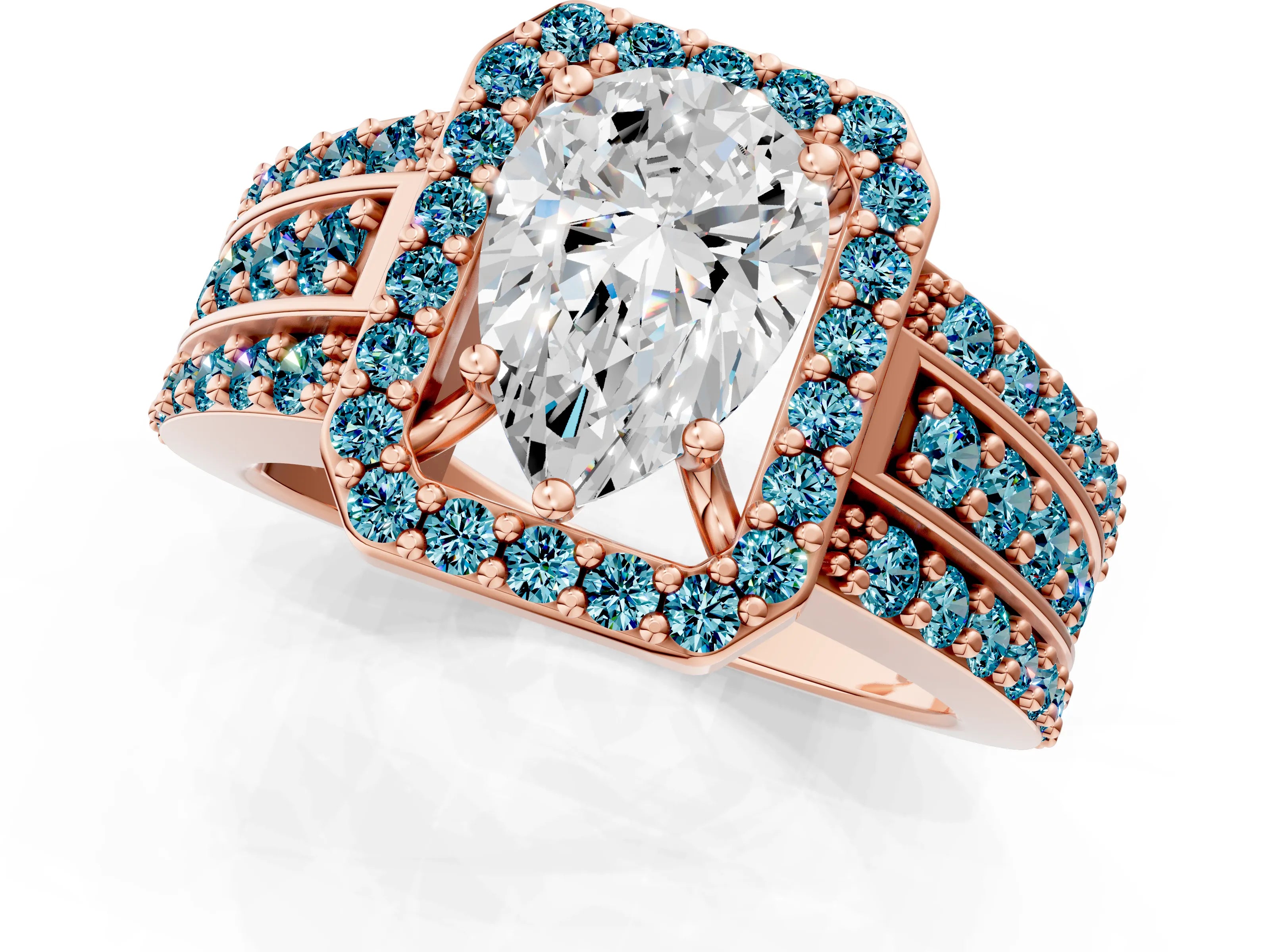 Rose gold Pear Cut Halo Diamond Ring with Round with Blue Topaz side stone Split Shank and Prong Setting_1