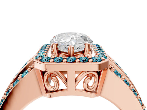 Rose gold Pear Cut Halo Diamond Ring with Round with Blue Topaz side stone Split Shank and Prong Setting_4
