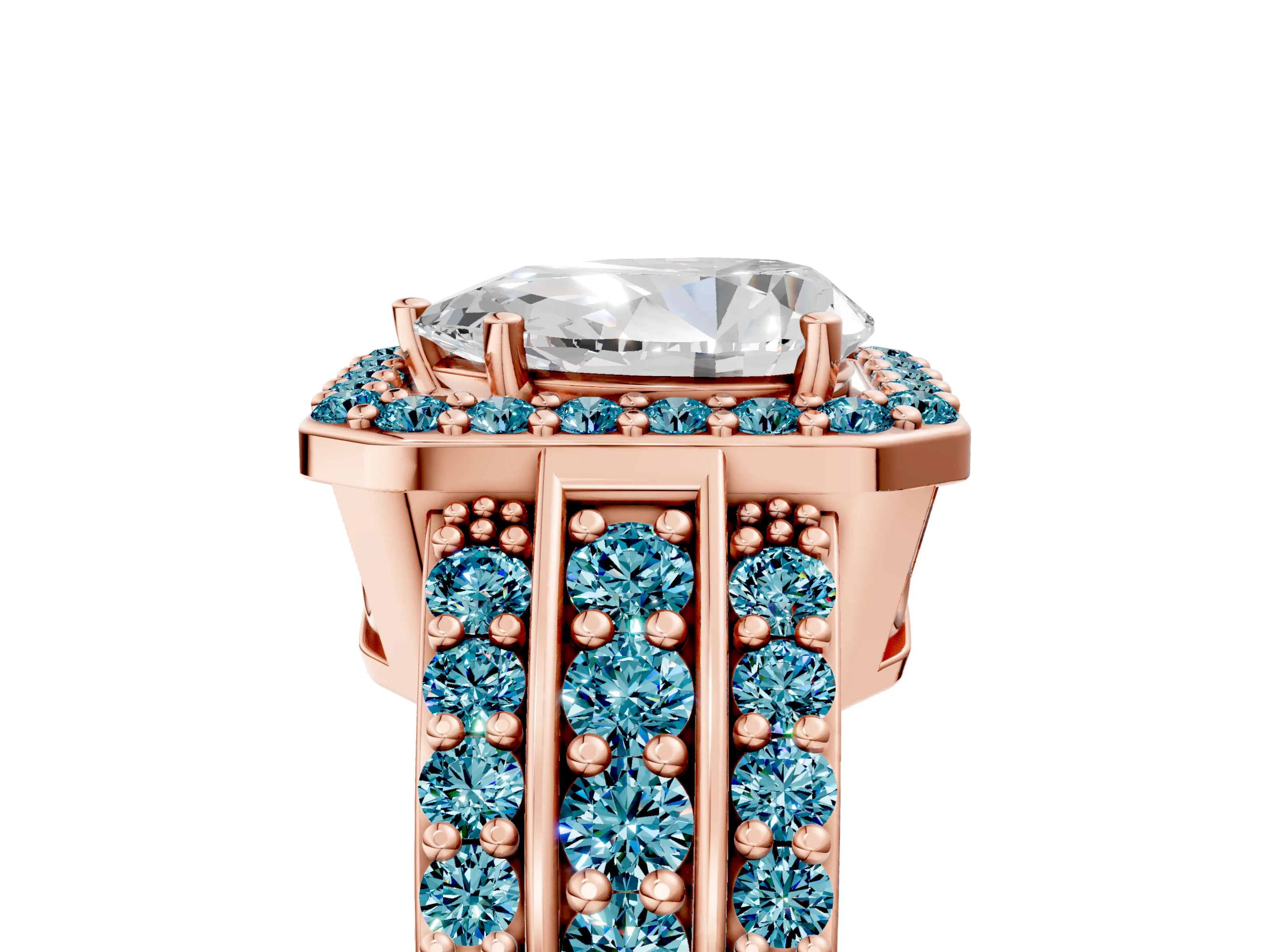 Rose gold Pear Cut Halo Diamond Ring with Round with Blue Topaz side stone Split Shank and Prong Setting_5