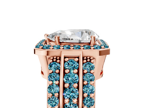 Rose gold Pear Cut Halo Diamond Ring with Round with Blue Topaz side stone Split Shank and Prong Setting_5