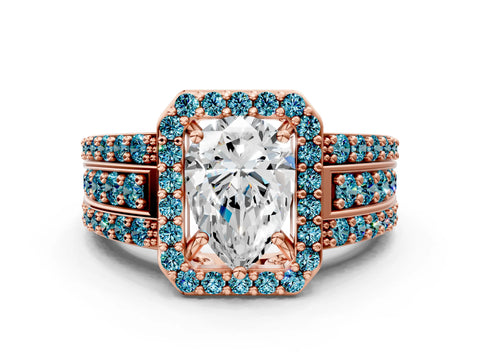 Rose gold Pear Cut Halo Diamond Ring with Round with Blue Topaz side stone Split Shank and Prong Setting