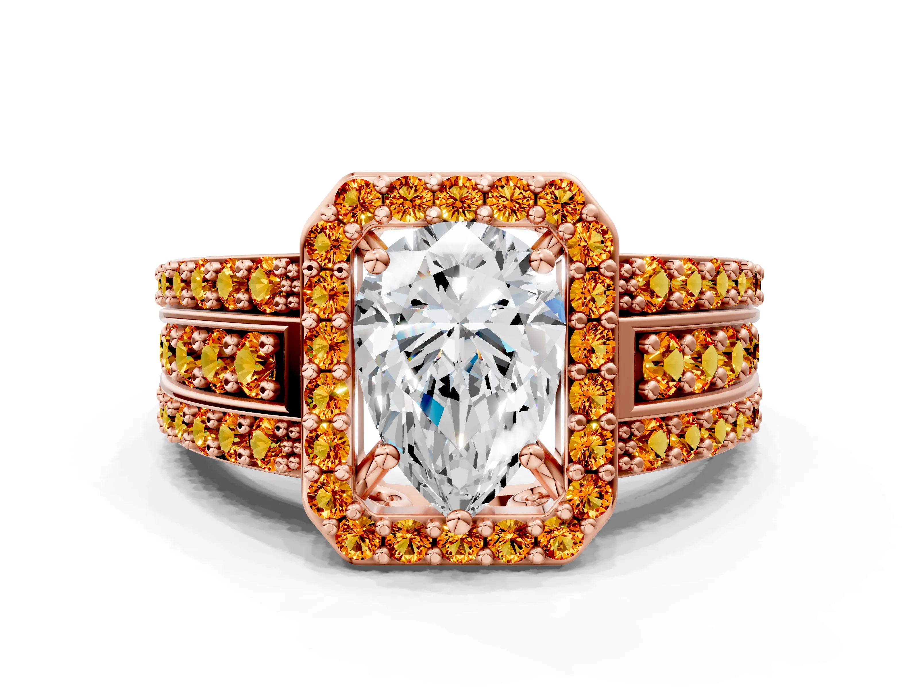 Rose gold Pear Cut Halo Diamond Ring with Round with Citrine side stone Split Shank and Prong Setting