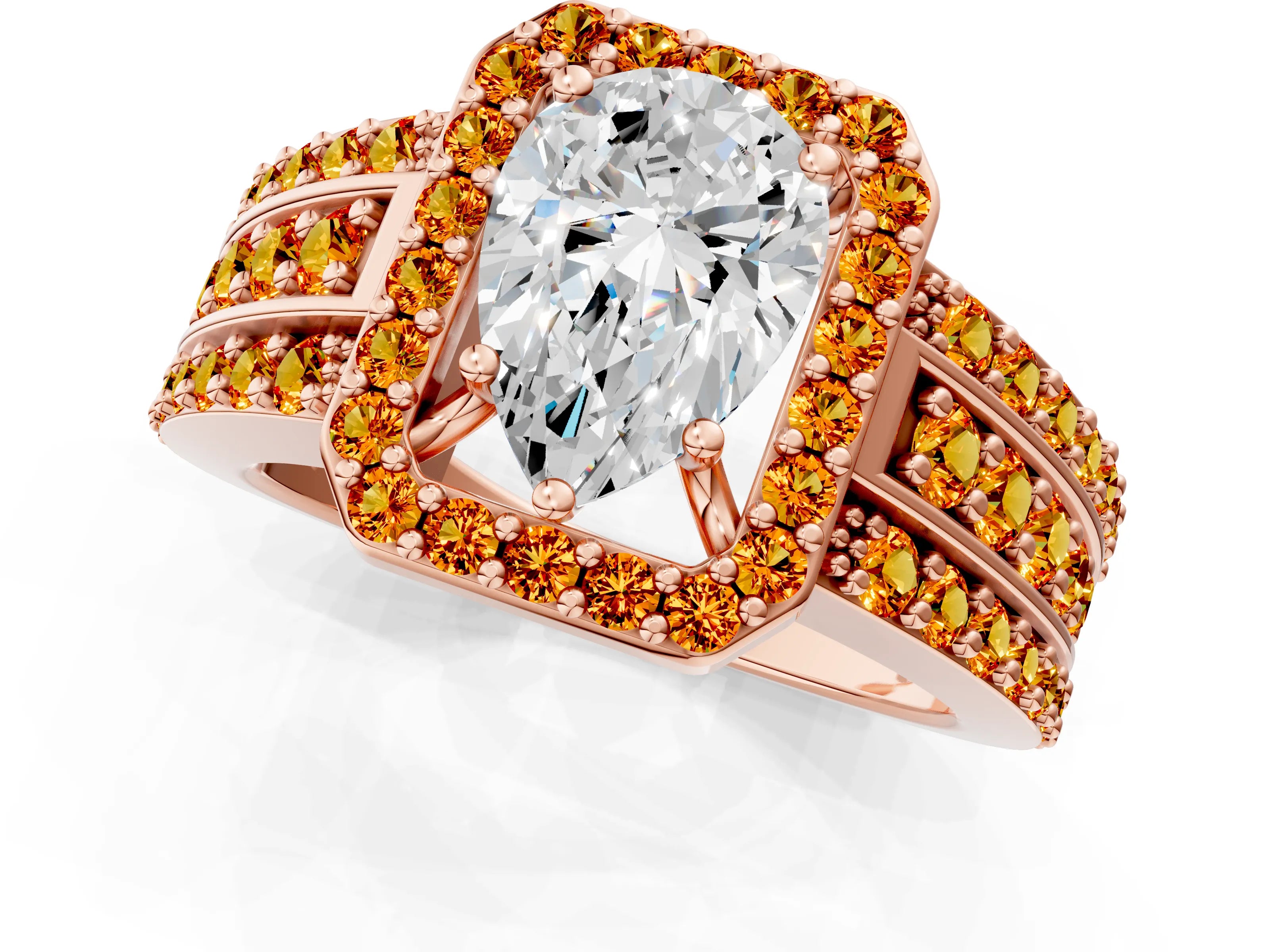Rose gold Pear Cut Halo Diamond Ring with Round with Citrine side stone Split Shank and Prong Setting_1