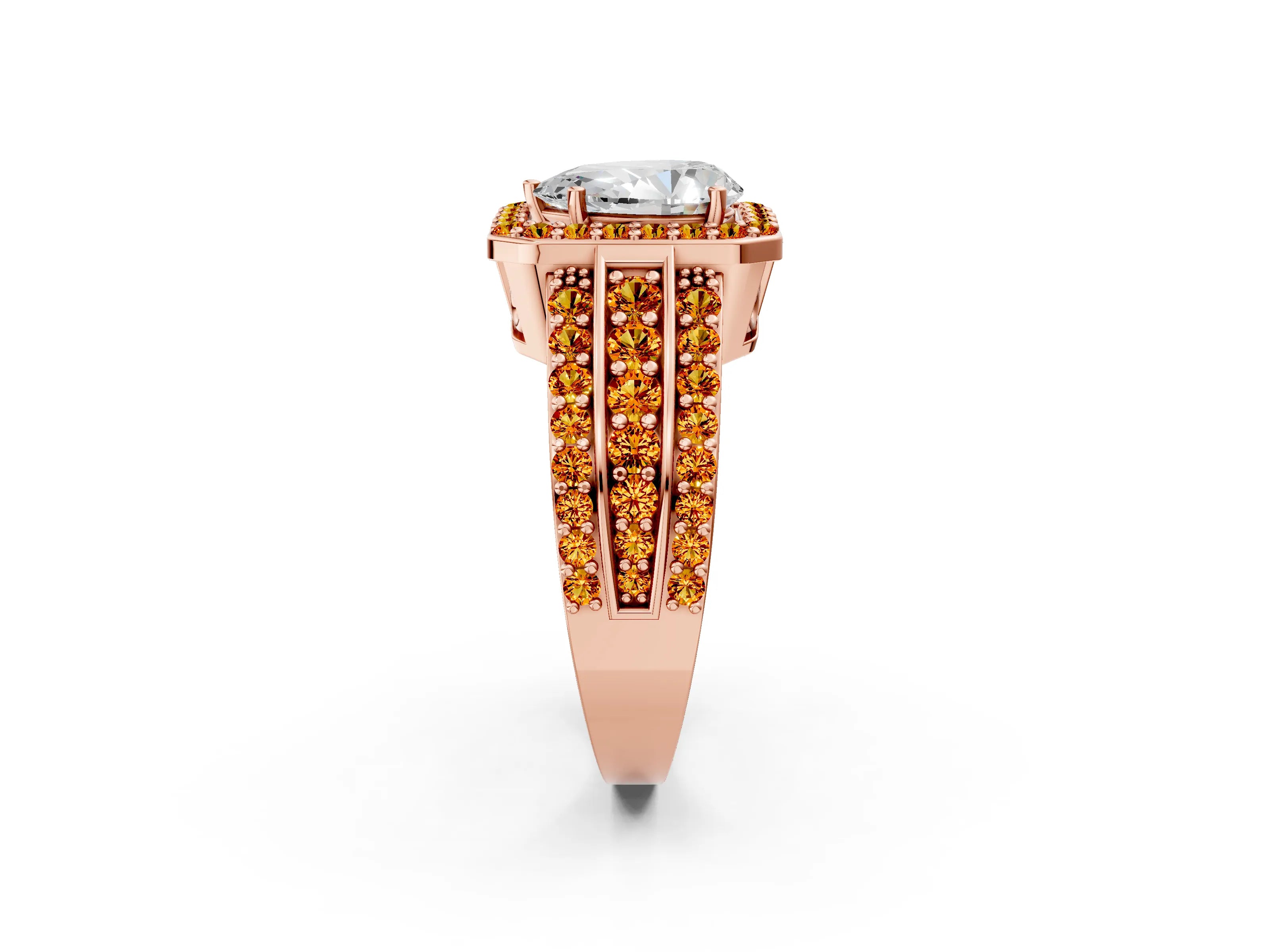 Rose gold Pear Cut Halo Diamond Ring with Round with Citrine side stone Split Shank and Prong Setting_2