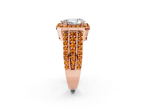 Rose gold Pear Cut Halo Diamond Ring with Round with Citrine side stone Split Shank and Prong Setting_2