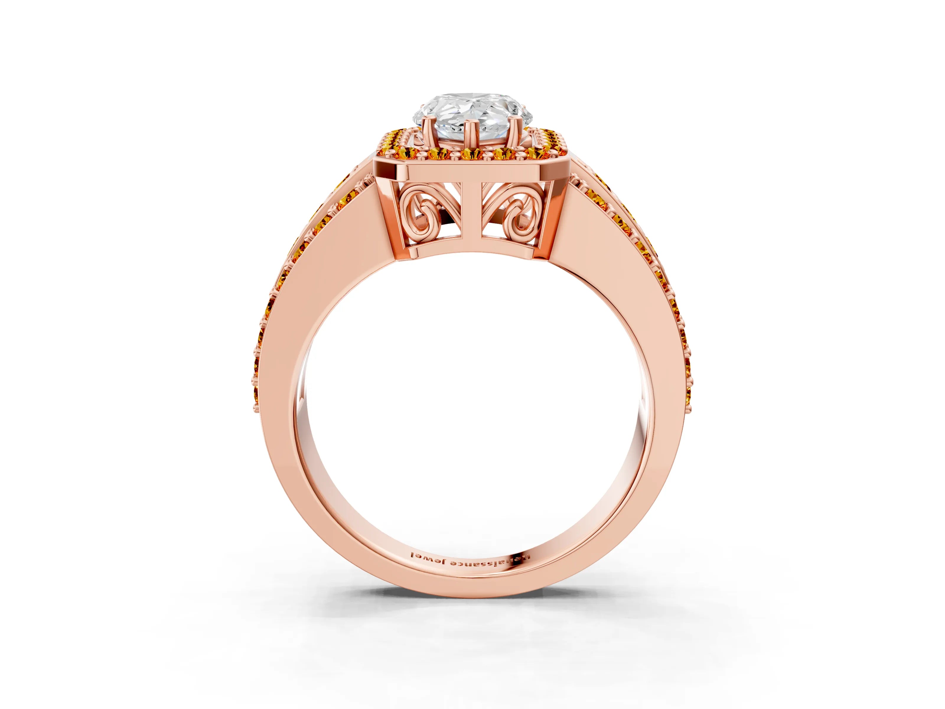 Rose gold Pear Cut Halo Diamond Ring with Round with Citrine side stone Split Shank and Prong Setting_3
