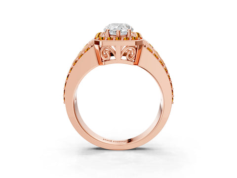 Rose gold Pear Cut Halo Diamond Ring with Round with Citrine side stone Split Shank and Prong Setting_3