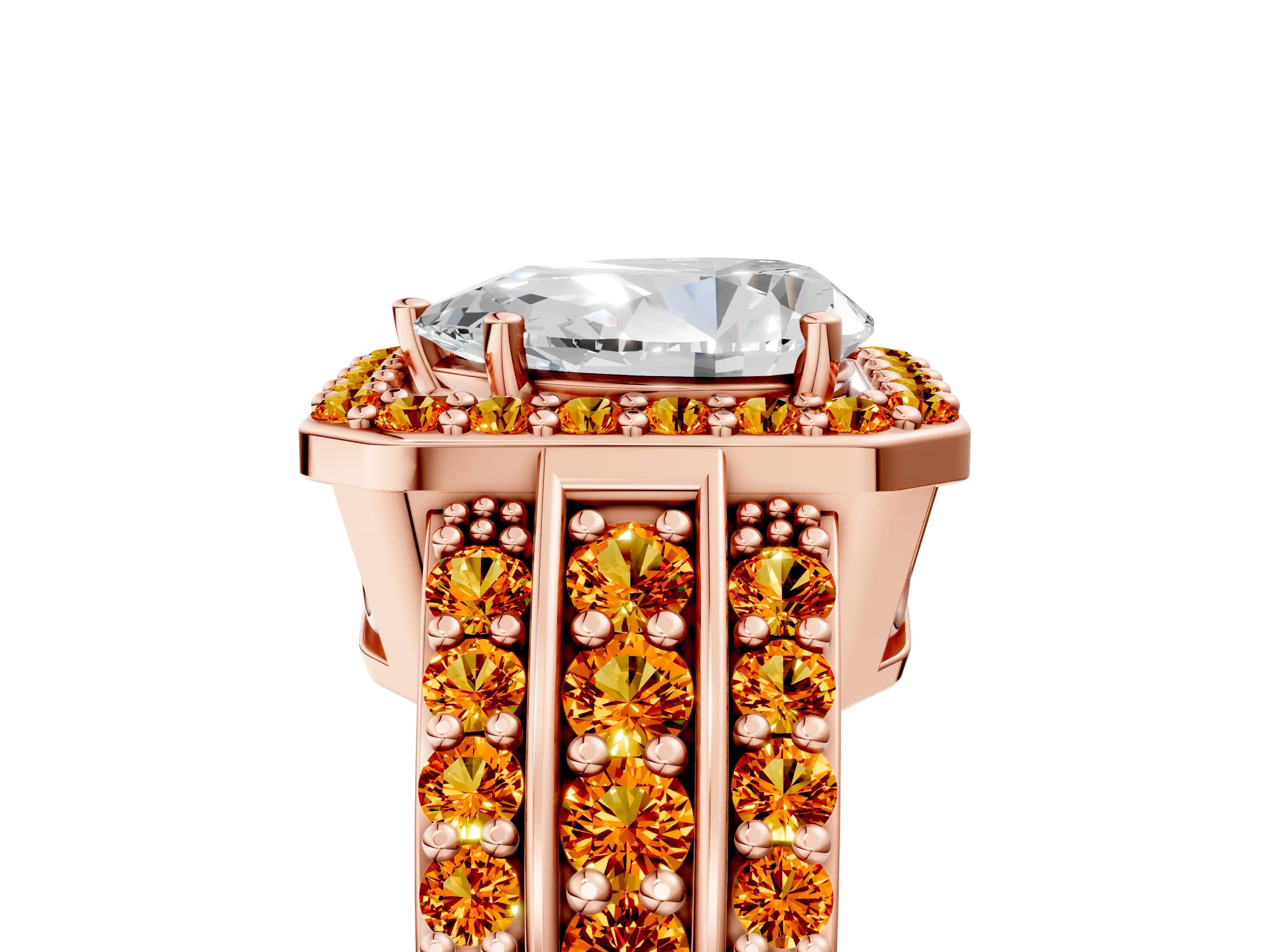 Rose gold Pear Cut Halo Diamond Ring with Round with Citrine side stone Split Shank and Prong Setting_5