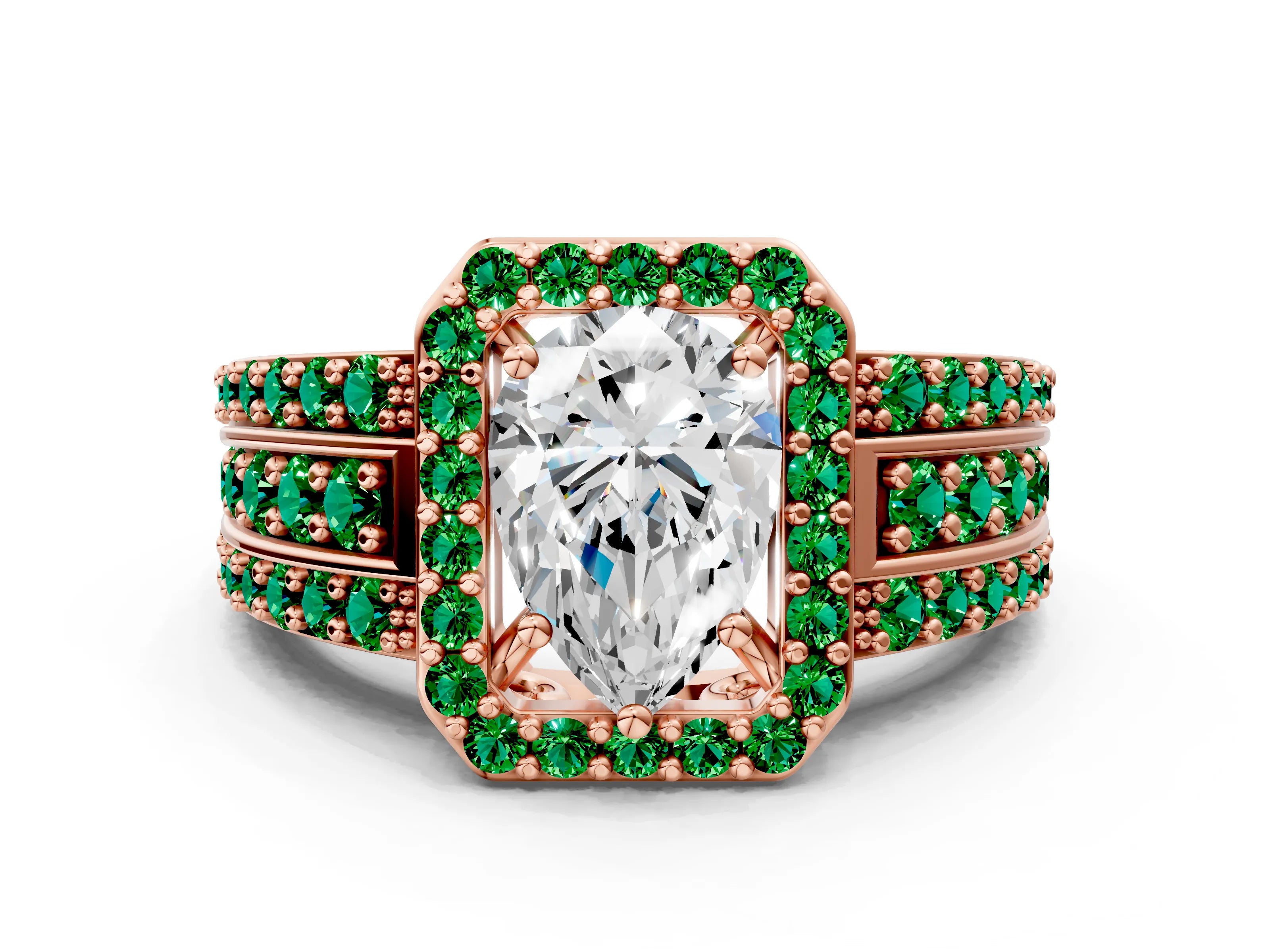 Rose gold Pear Cut Halo Diamond Ring with Round with Emerald side stone Split Shank and Prong Setting