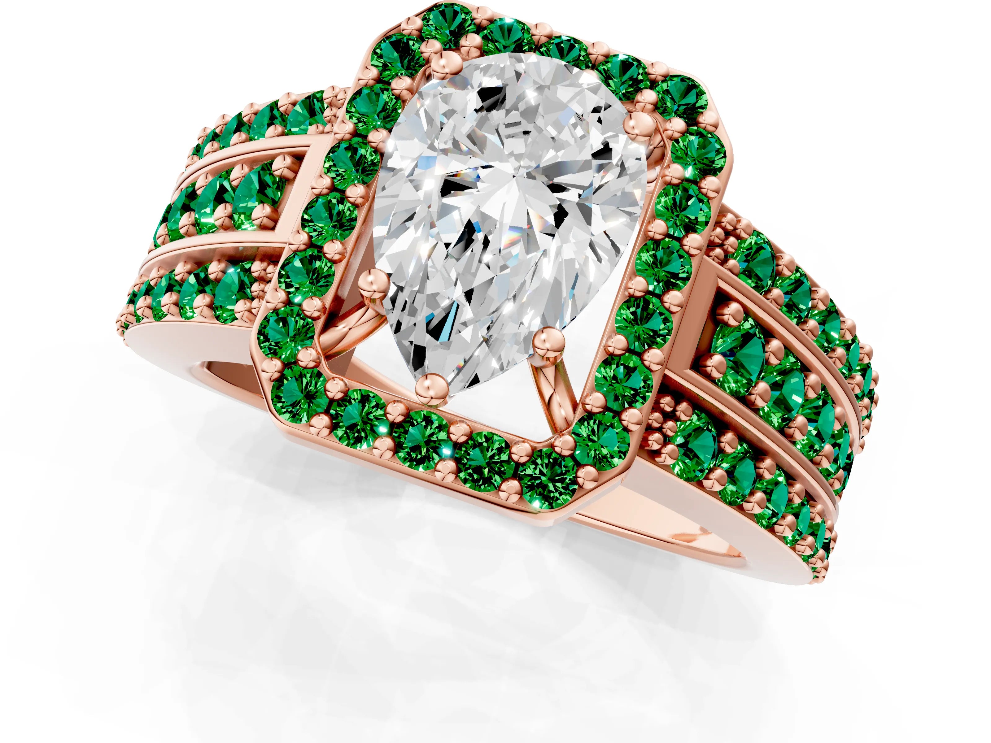 Rose gold Pear Cut Halo Diamond Ring with Round with Emerald side stone Split Shank and Prong Setting_1