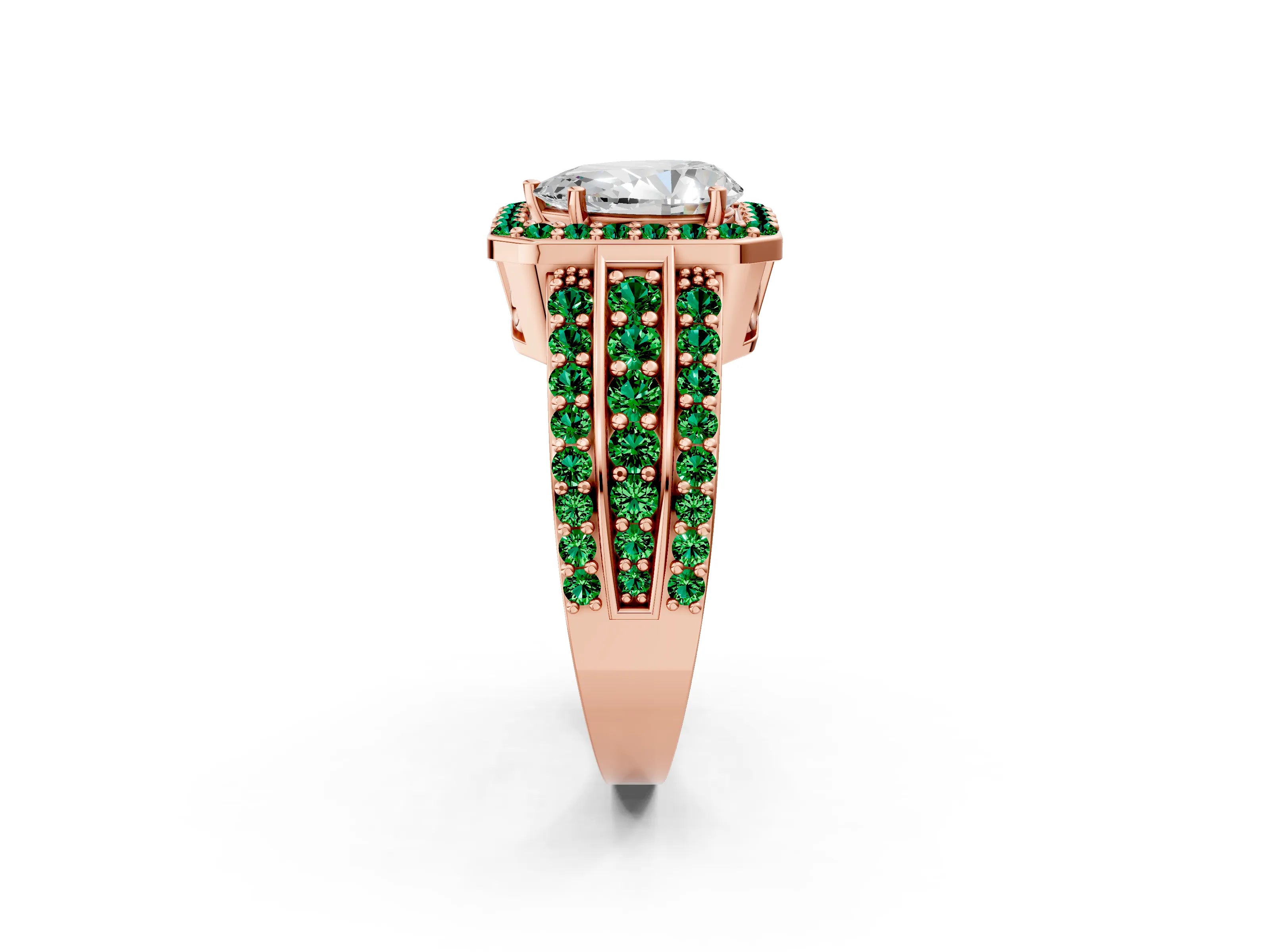 Rose gold Pear Cut Halo Diamond Ring with Round with Emerald side stone Split Shank and Prong Setting_2