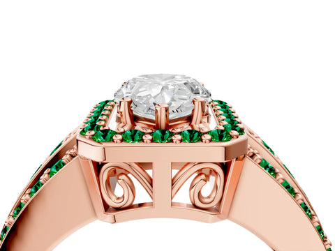 Rose gold Pear Cut Halo Diamond Ring with Round with Emerald side stone Split Shank and Prong Setting_4