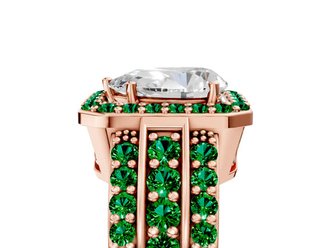 Rose gold Pear Cut Halo Diamond Ring with Round with Emerald side stone Split Shank and Prong Setting_5