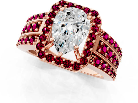 Rose gold Pear Cut Halo Diamond Ring with Round with Garnet side stone Split Shank and Prong Setting_1