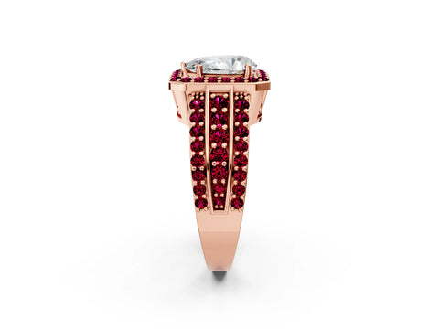 Rose gold Pear Cut Halo Diamond Ring with Round with Garnet side stone Split Shank and Prong Setting_2