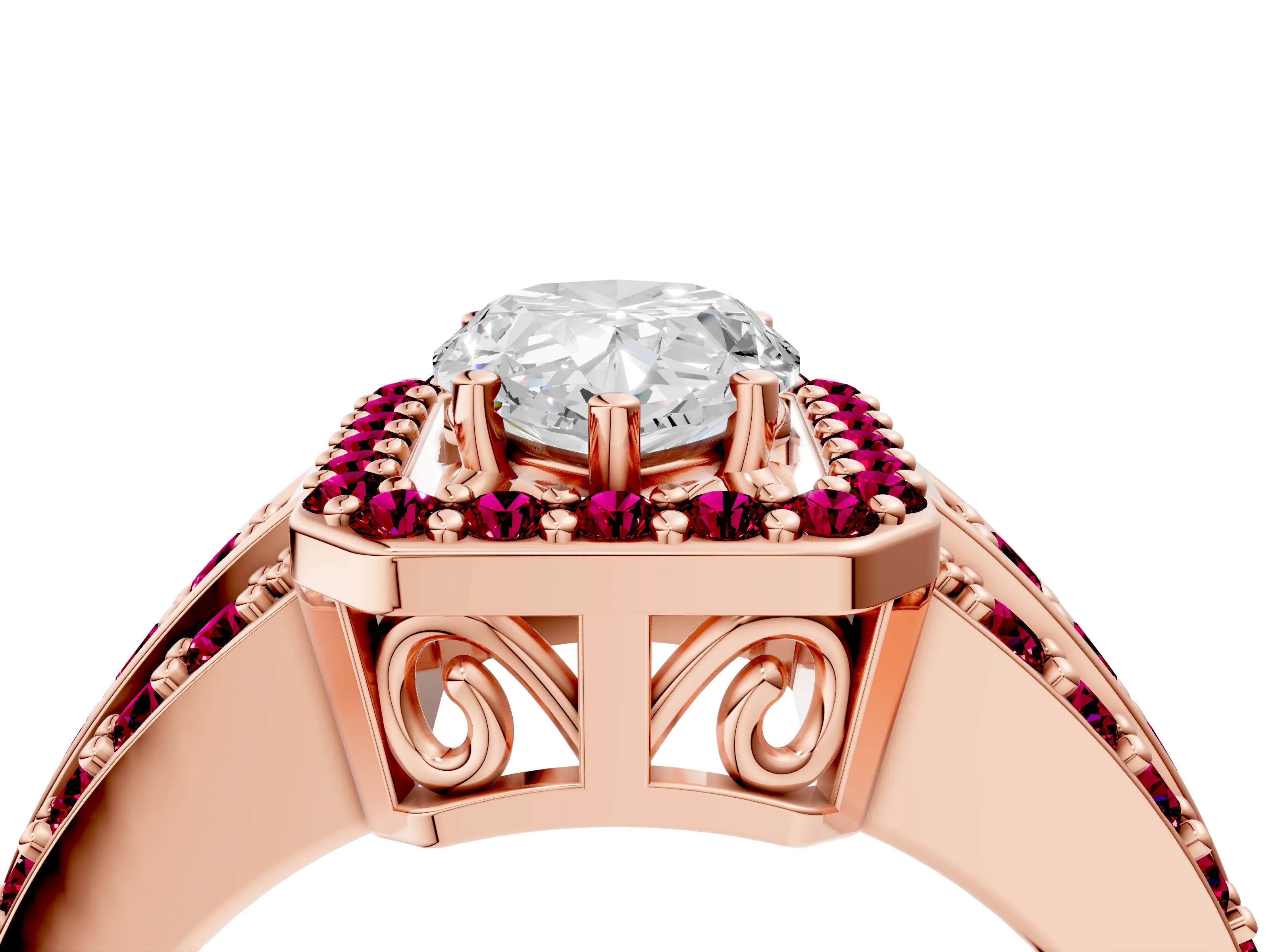 Rose gold Pear Cut Halo Diamond Ring with Round with Garnet side stone Split Shank and Prong Setting_4