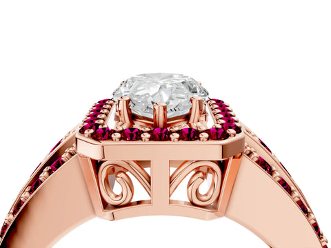 Rose gold Pear Cut Halo Diamond Ring with Round with Garnet side stone Split Shank and Prong Setting_4
