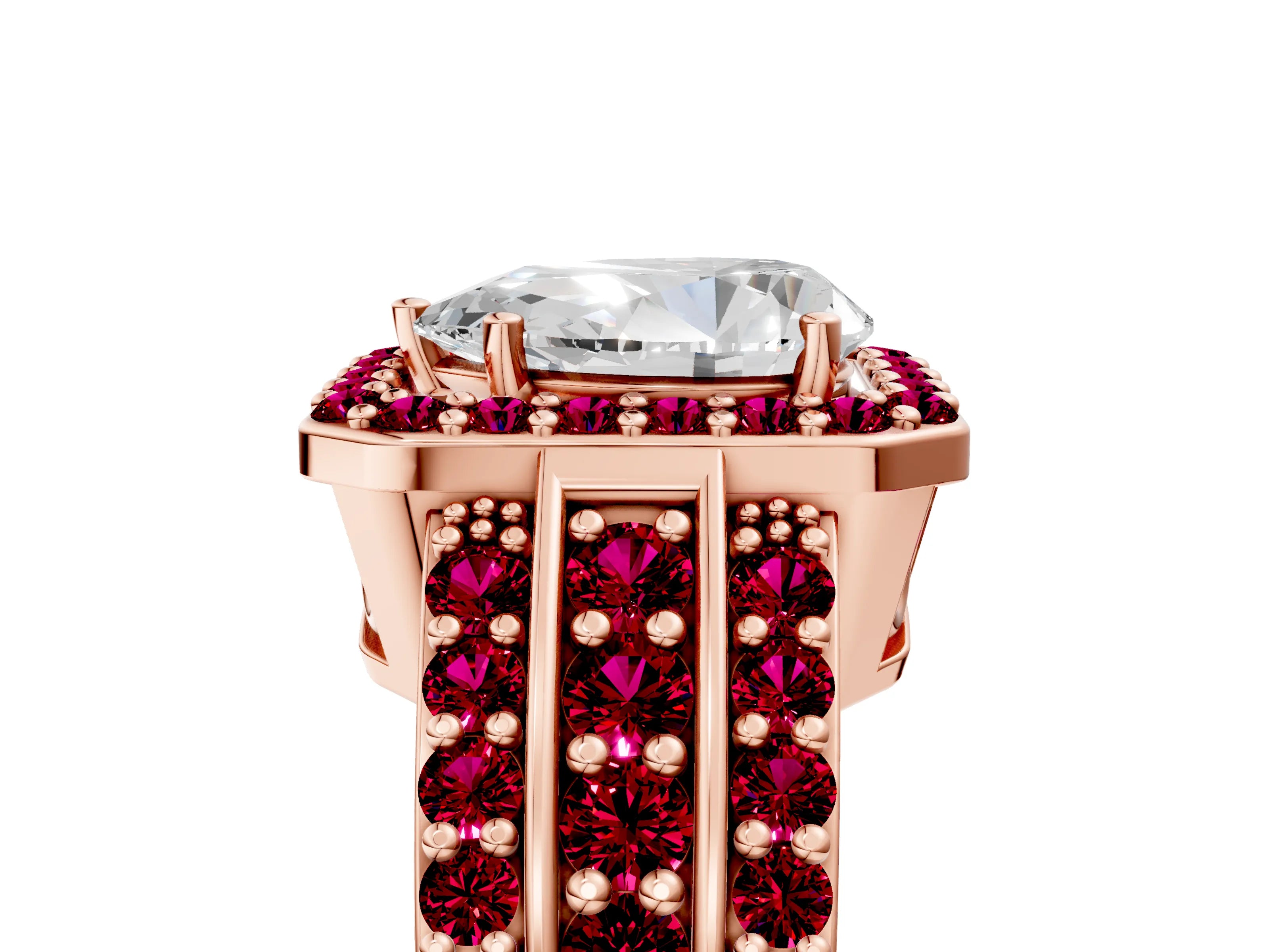 Rose gold Pear Cut Halo Diamond Ring with Round with Garnet side stone Split Shank and Prong Setting_5