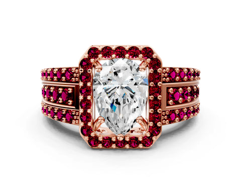 Rose gold Pear Cut Halo Diamond Ring with Round with Garnet side stone Split Shank and Prong Setting