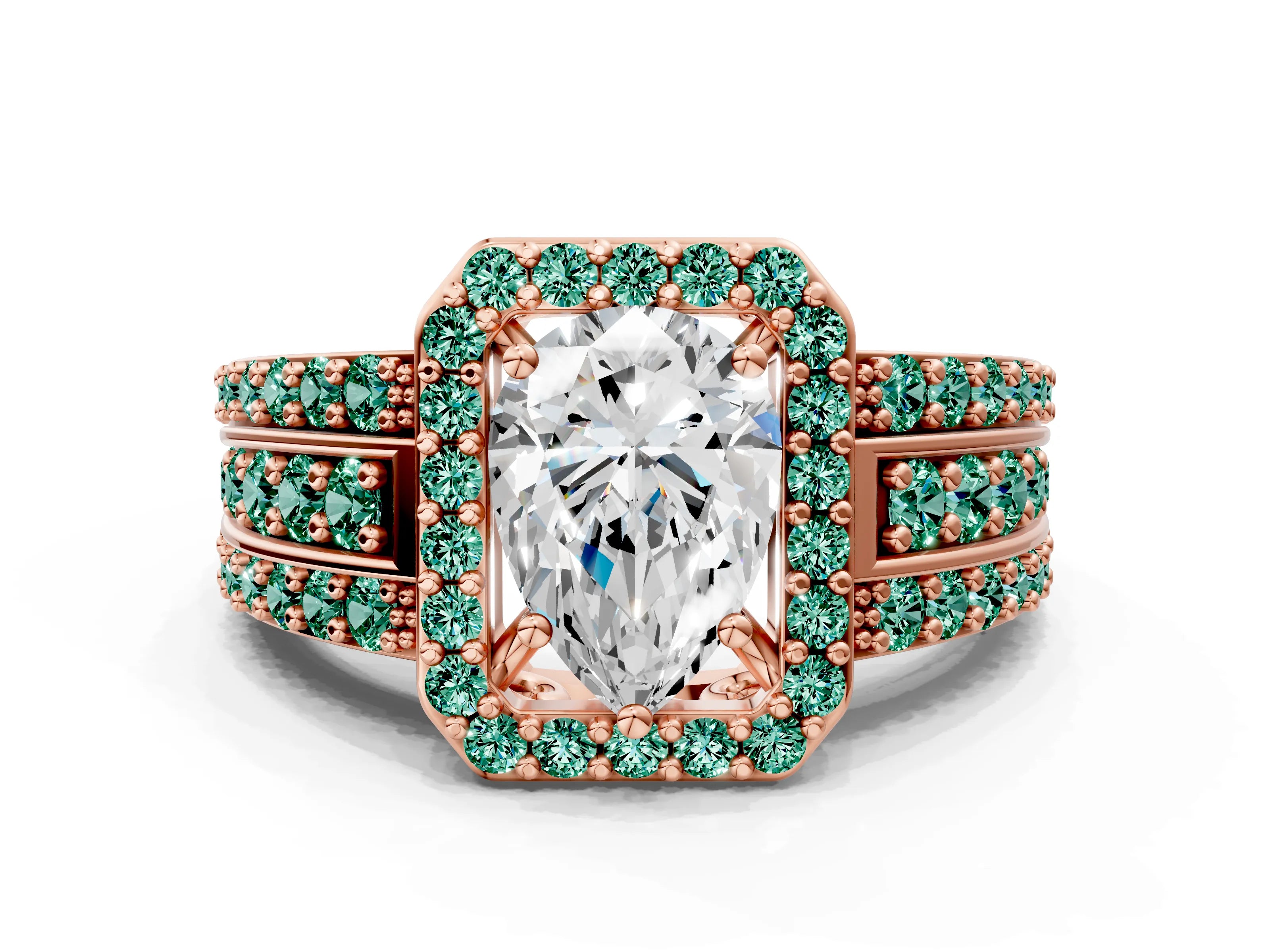 Rose gold Pear Cut Halo Diamond Ring with Round with Green Sapphire side stone Split Shank and Prong Setting