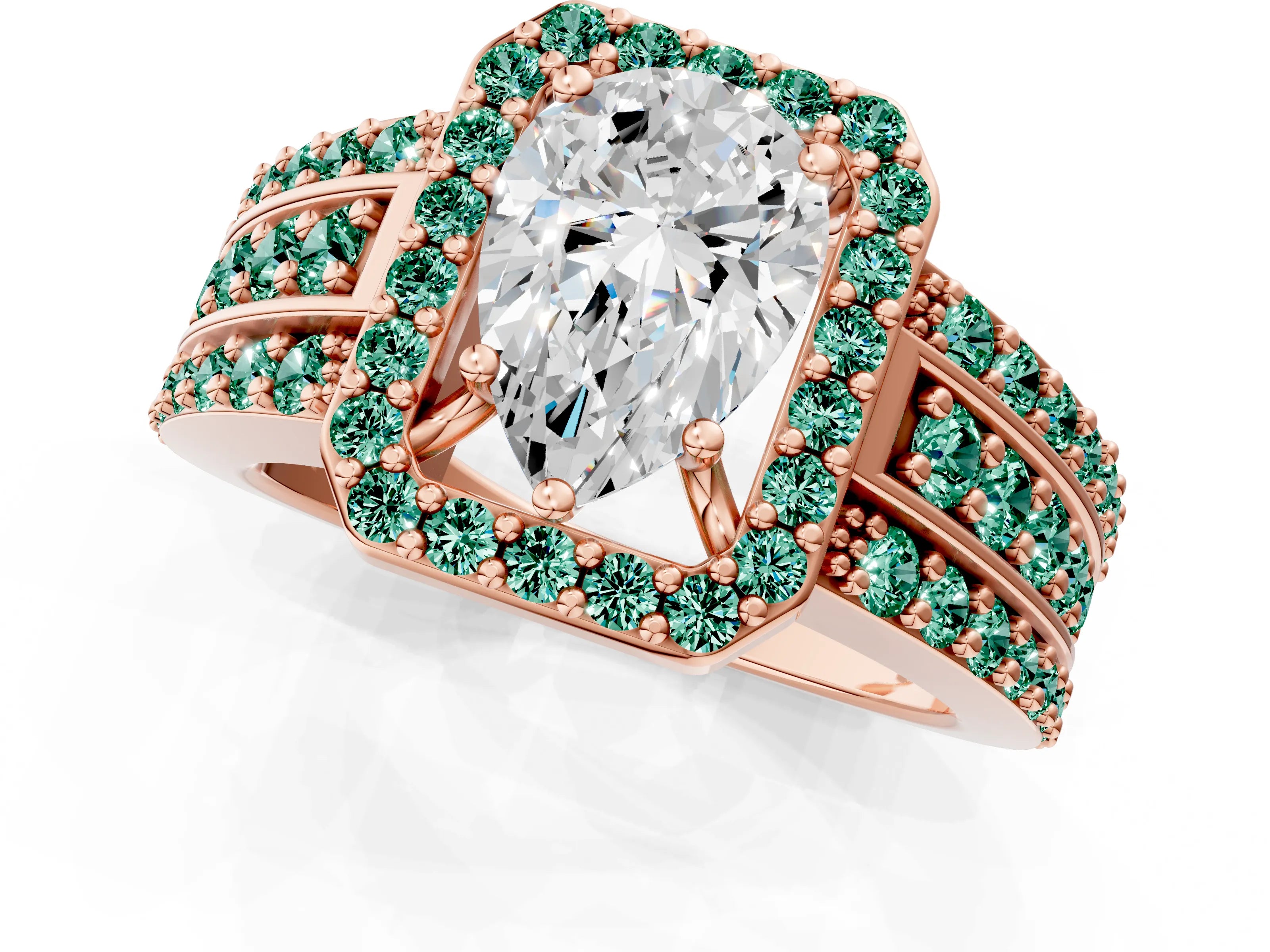 Rose gold Pear Cut Halo Diamond Ring with Round with Green Sapphire side stone Split Shank and Prong Setting_1