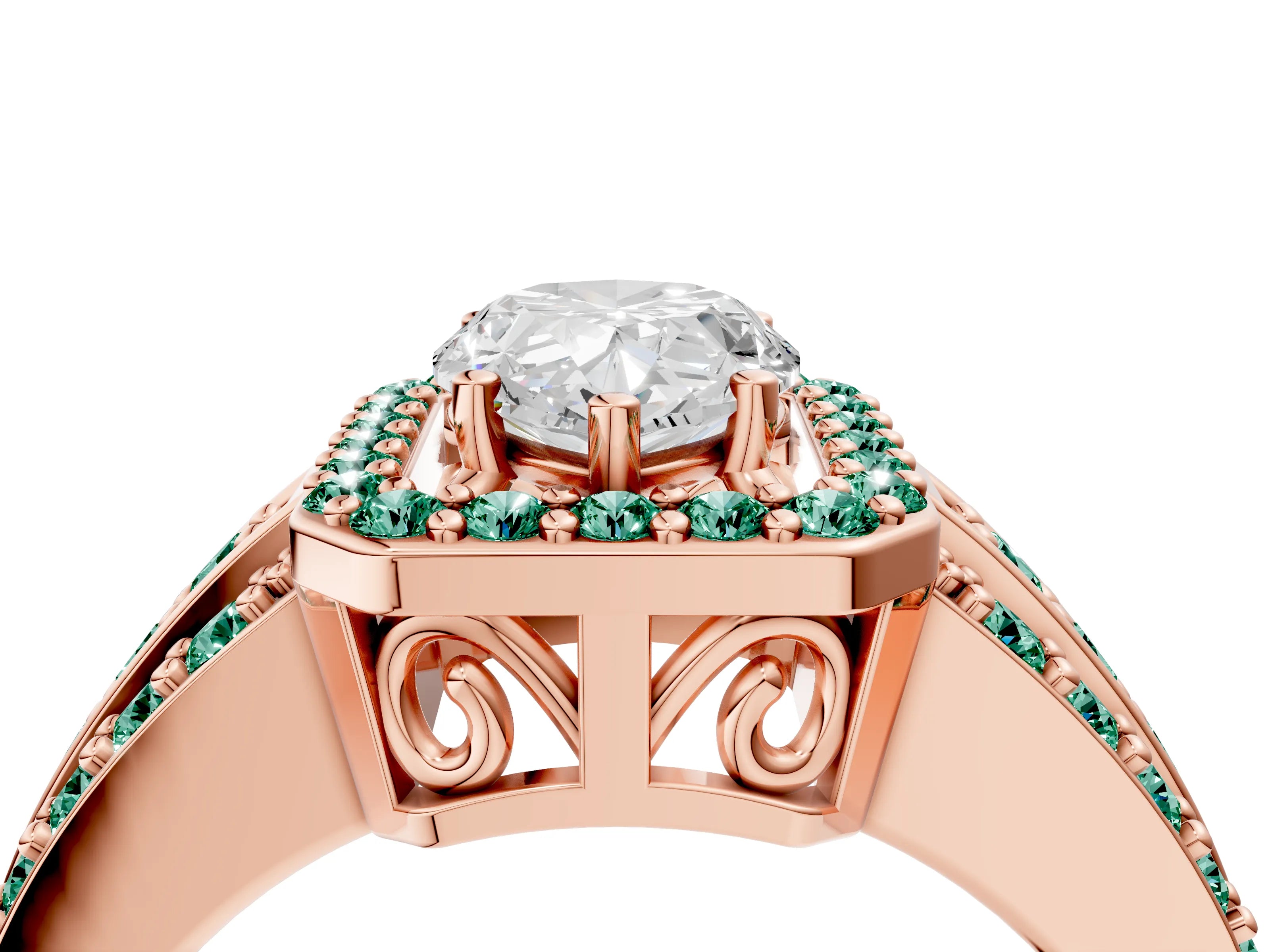 Rose gold Pear Cut Halo Diamond Ring with Round with Green Sapphire side stone Split Shank and Prong Setting_4