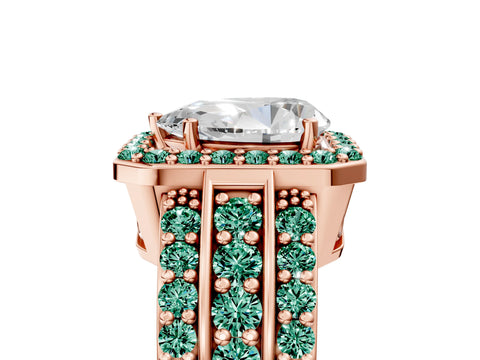 Rose gold Pear Cut Halo Diamond Ring with Round with Green Sapphire side stone Split Shank and Prong Setting_5