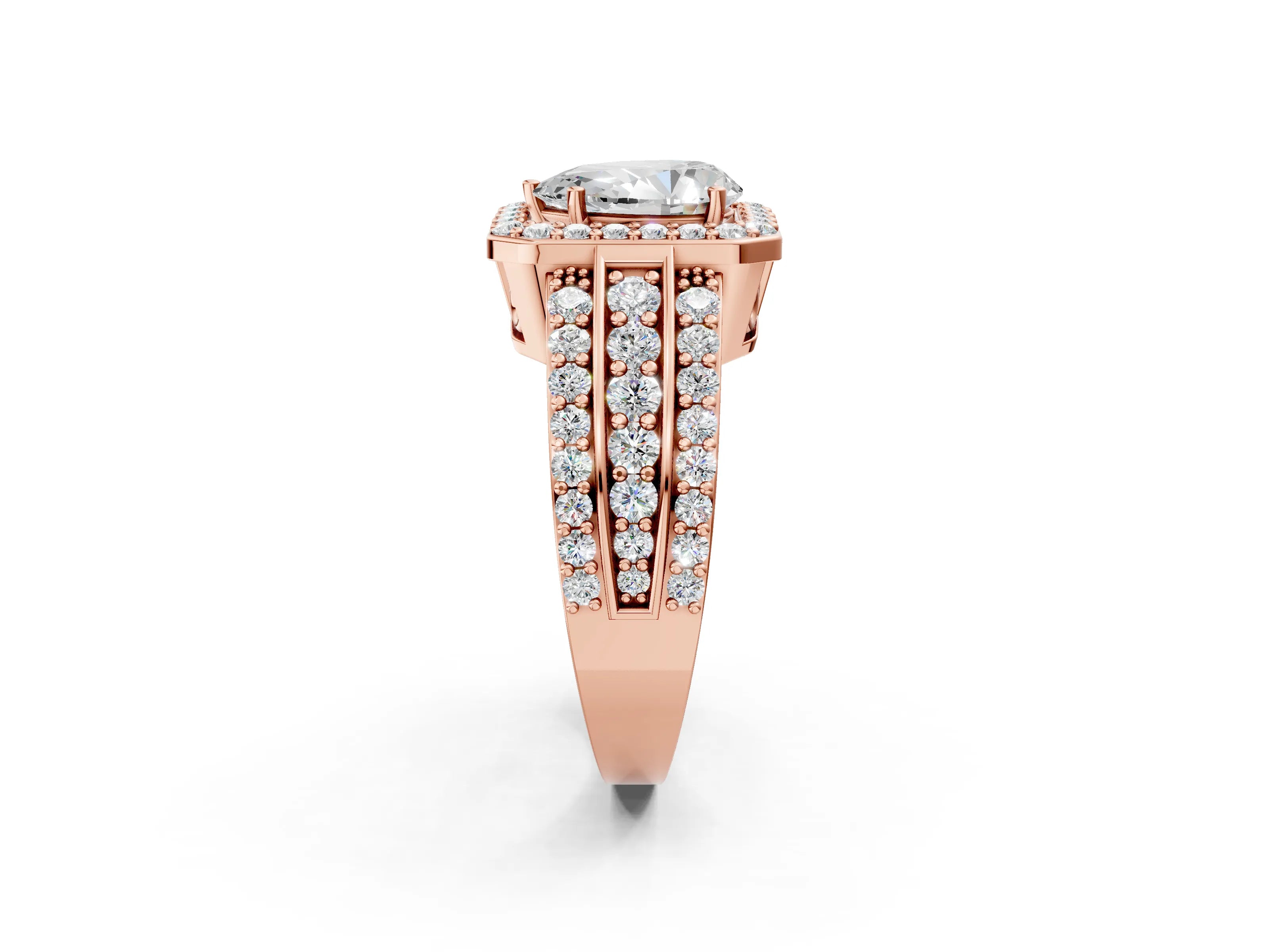 Rose gold Pear Cut Halo Diamond Ring with Round with Moissanite side stone Split Shank and Prong Setting_2