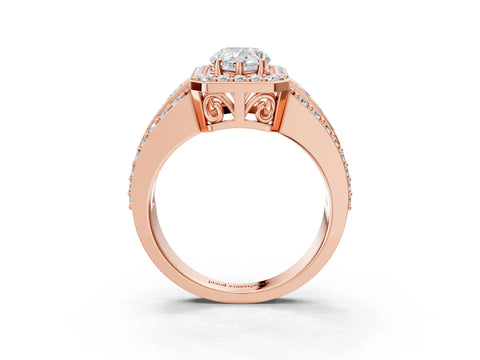 Rose gold Pear Cut Halo Diamond Ring with Round with Moissanite side stone Split Shank and Prong Setting_3