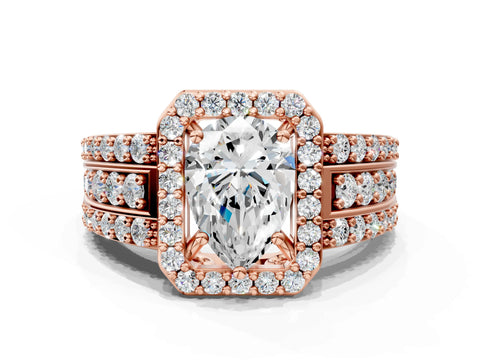 Rose gold Pear Cut Halo Diamond Ring with Round with Moissanite side stone Split Shank and Prong Setting