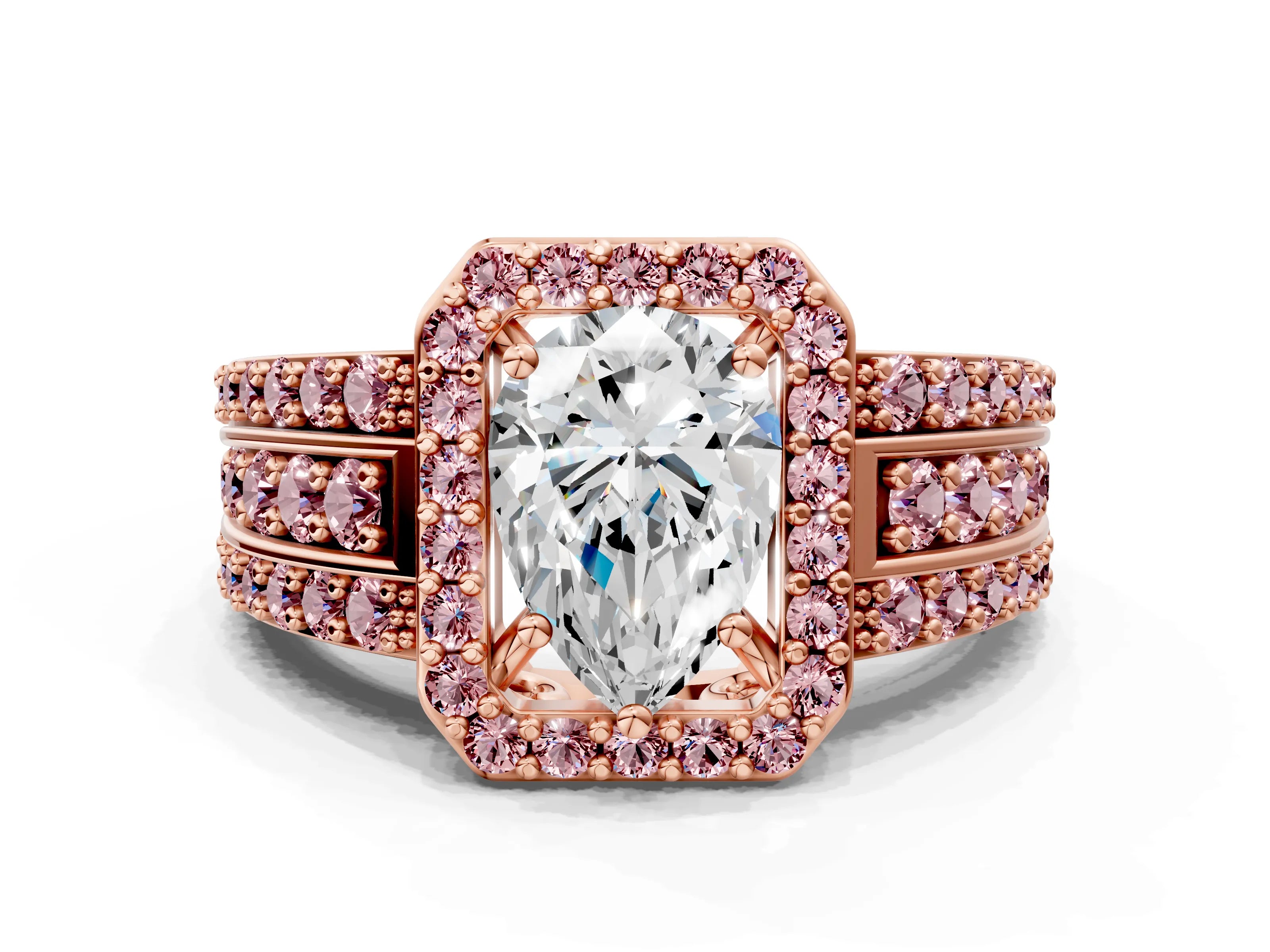 Rose gold Pear Cut Halo Diamond Ring with Round with Morganite side stone Split Shank and Prong Setting