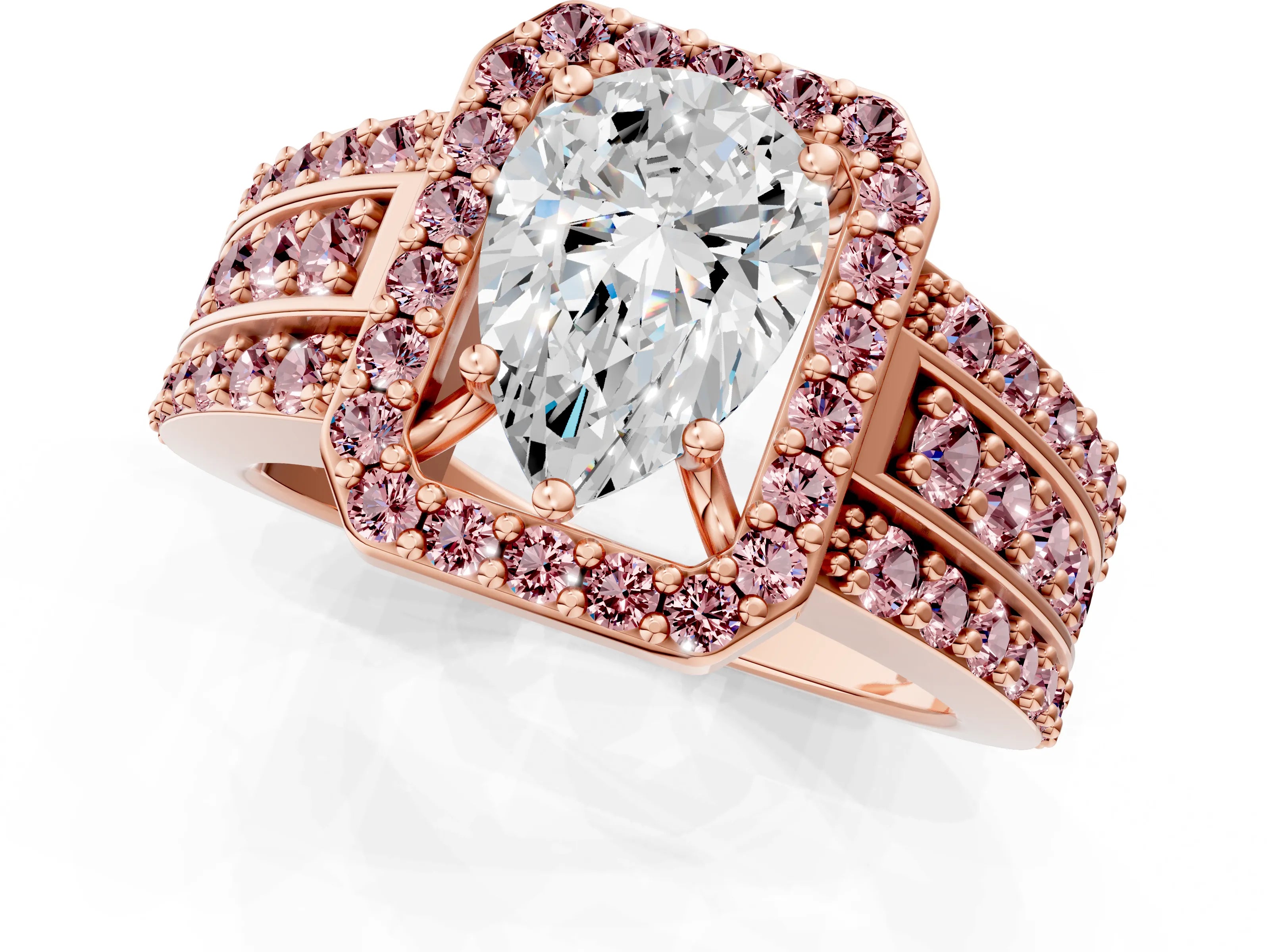 Rose gold Pear Cut Halo Diamond Ring with Round with Morganite side stone Split Shank and Prong Setting_1