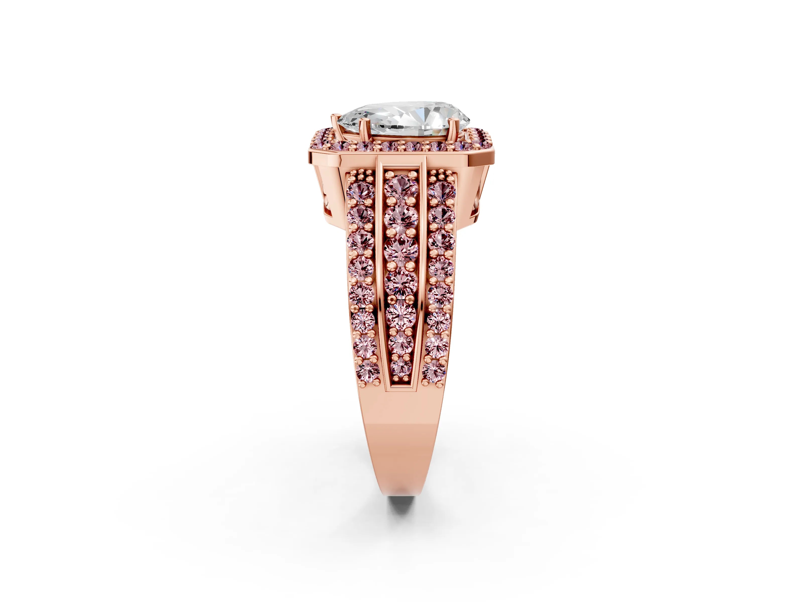 Rose gold Pear Cut Halo Diamond Ring with Round with Morganite side stone Split Shank and Prong Setting_2