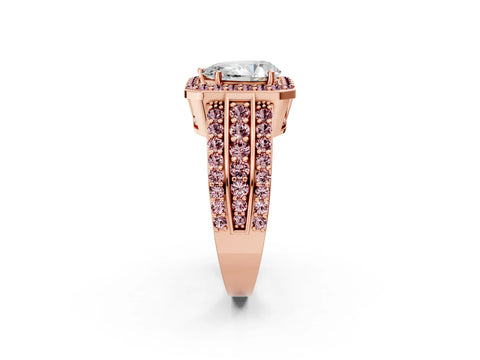 Rose gold Pear Cut Halo Diamond Ring with Round with Morganite side stone Split Shank and Prong Setting_2