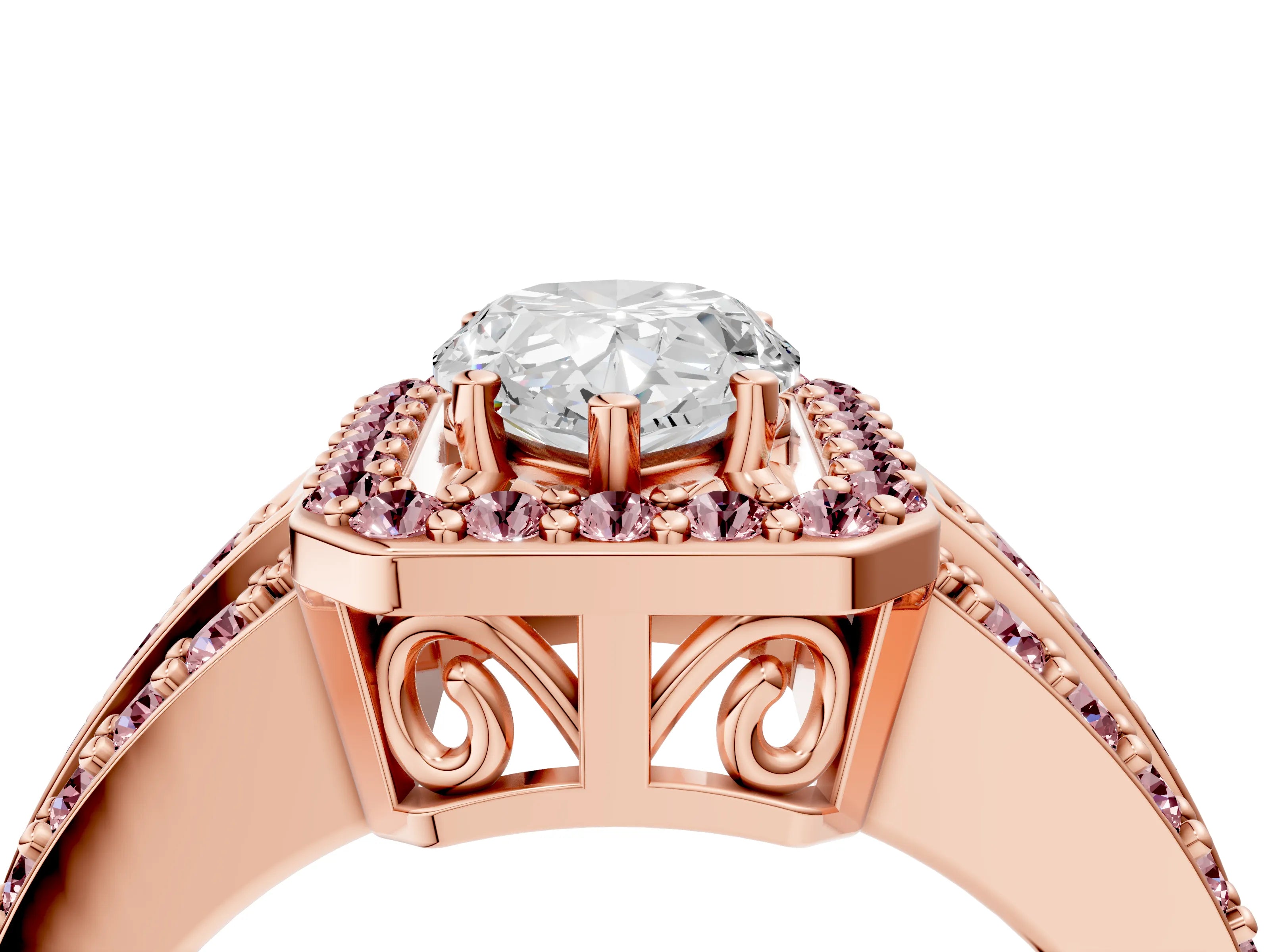 Rose gold Pear Cut Halo Diamond Ring with Round with Morganite side stone Split Shank and Prong Setting_4