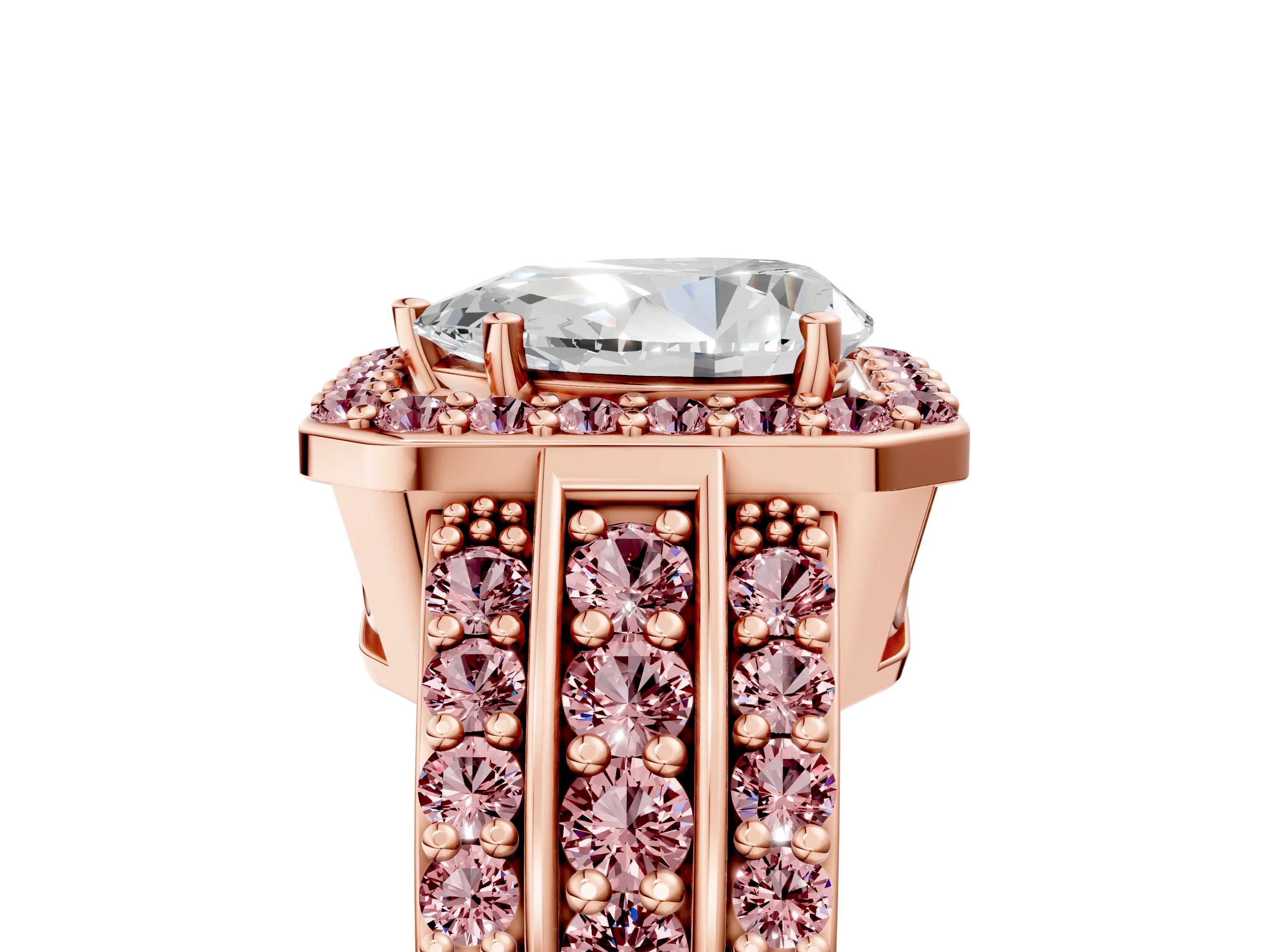 Rose gold Pear Cut Halo Diamond Ring with Round with Morganite side stone Split Shank and Prong Setting_5