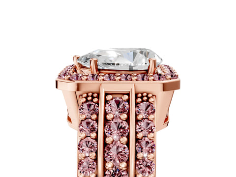 Rose gold Pear Cut Halo Diamond Ring with Round with Morganite side stone Split Shank and Prong Setting_5
