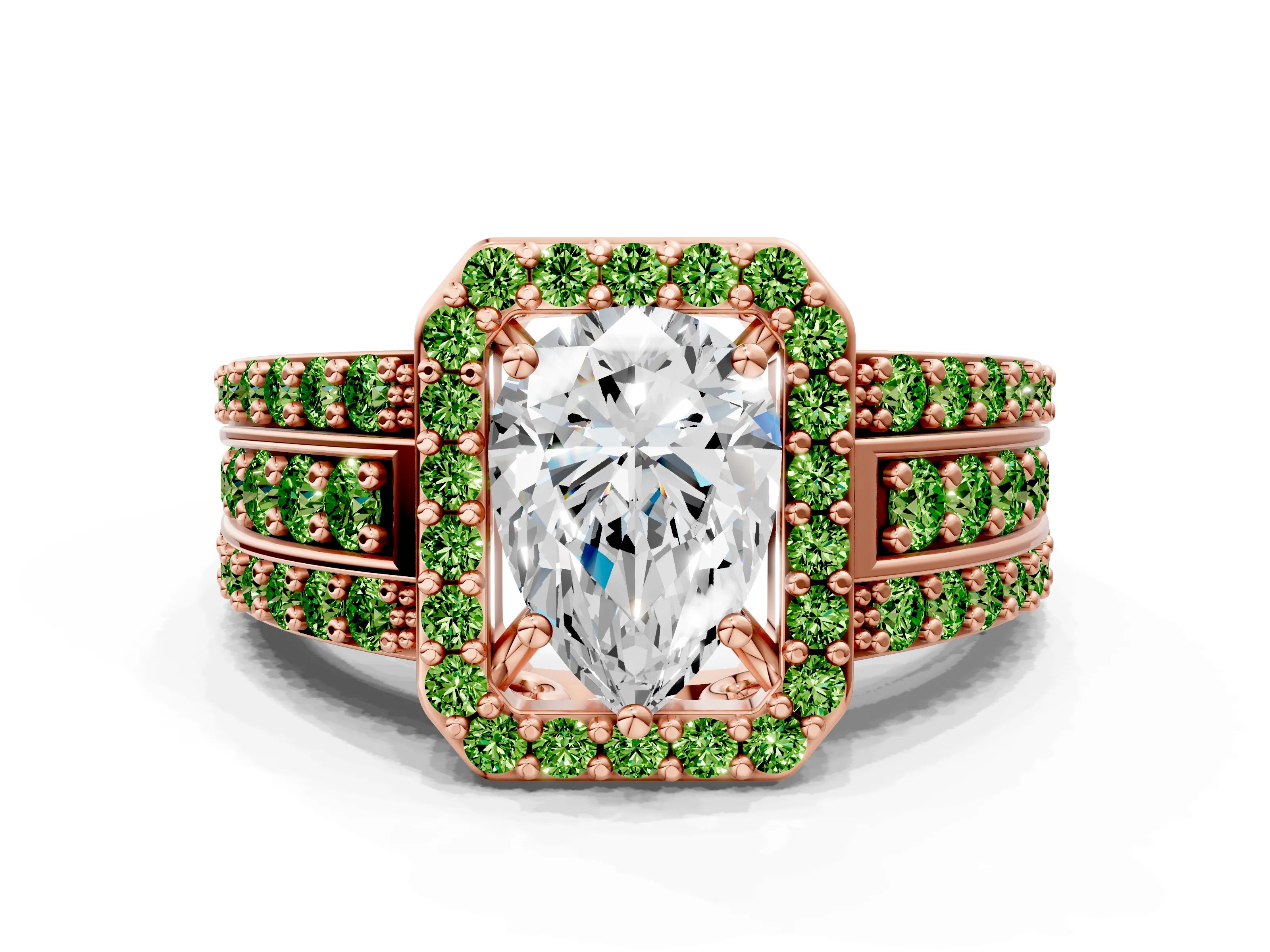 Rose gold Pear Cut Halo Diamond Ring with Round with Peridot side stone Split Shank and Prong Setting